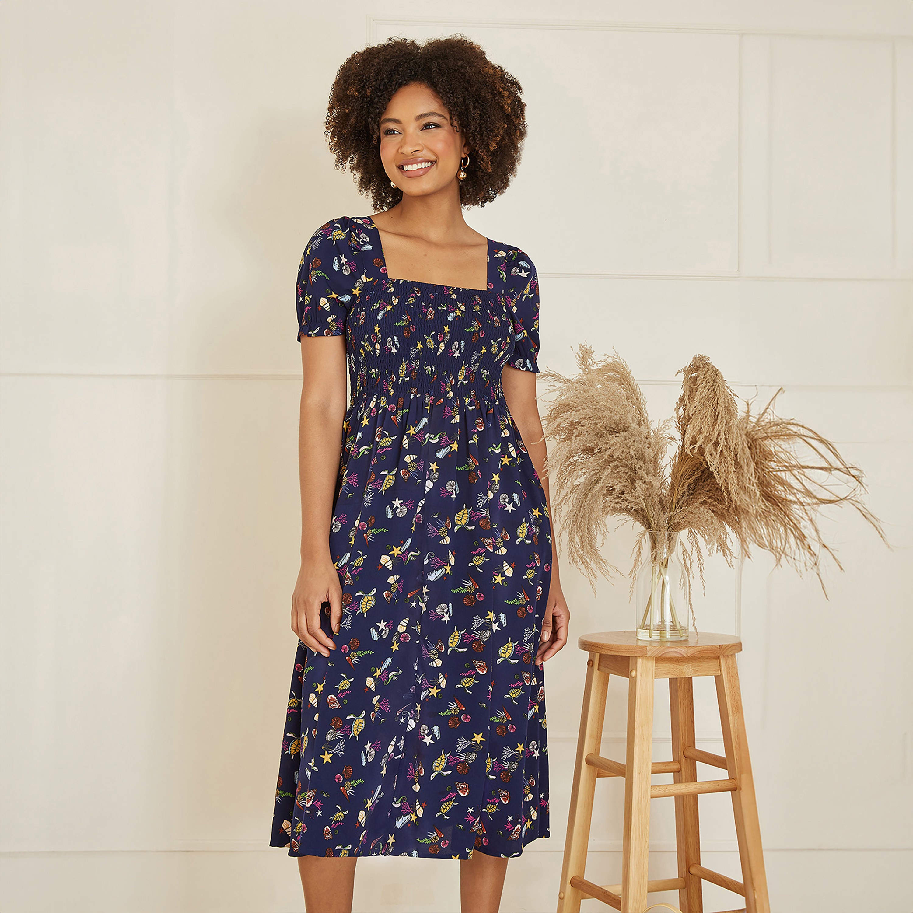 Yumi Navy Recycled Fabric Sealife Women's Midi Dress-women-clothing-dresses-image-4