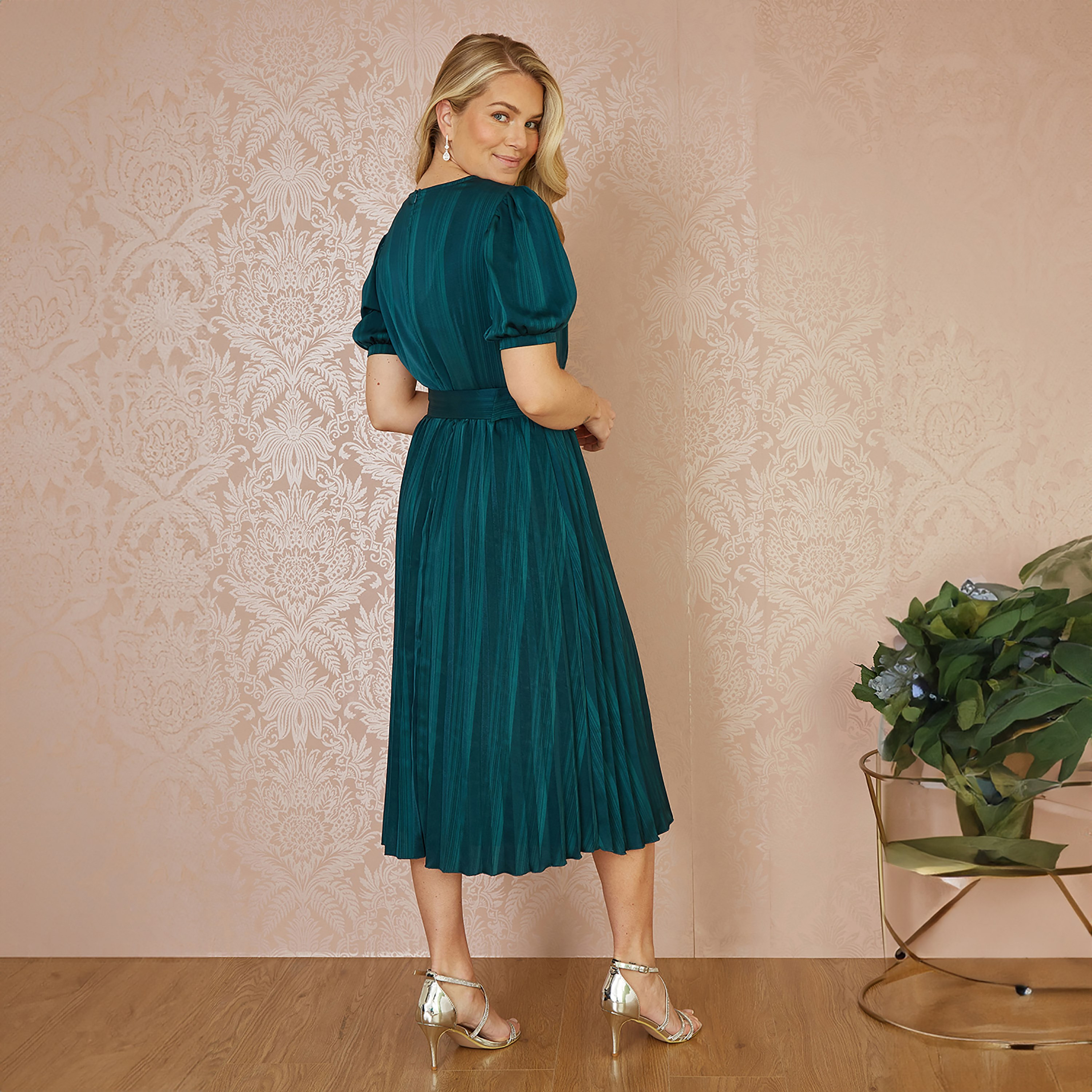 Yumi Green Satin Striped Evening Women's Midi Dress with Pleats and Matching Belt-women-clothing-dresses-image-2