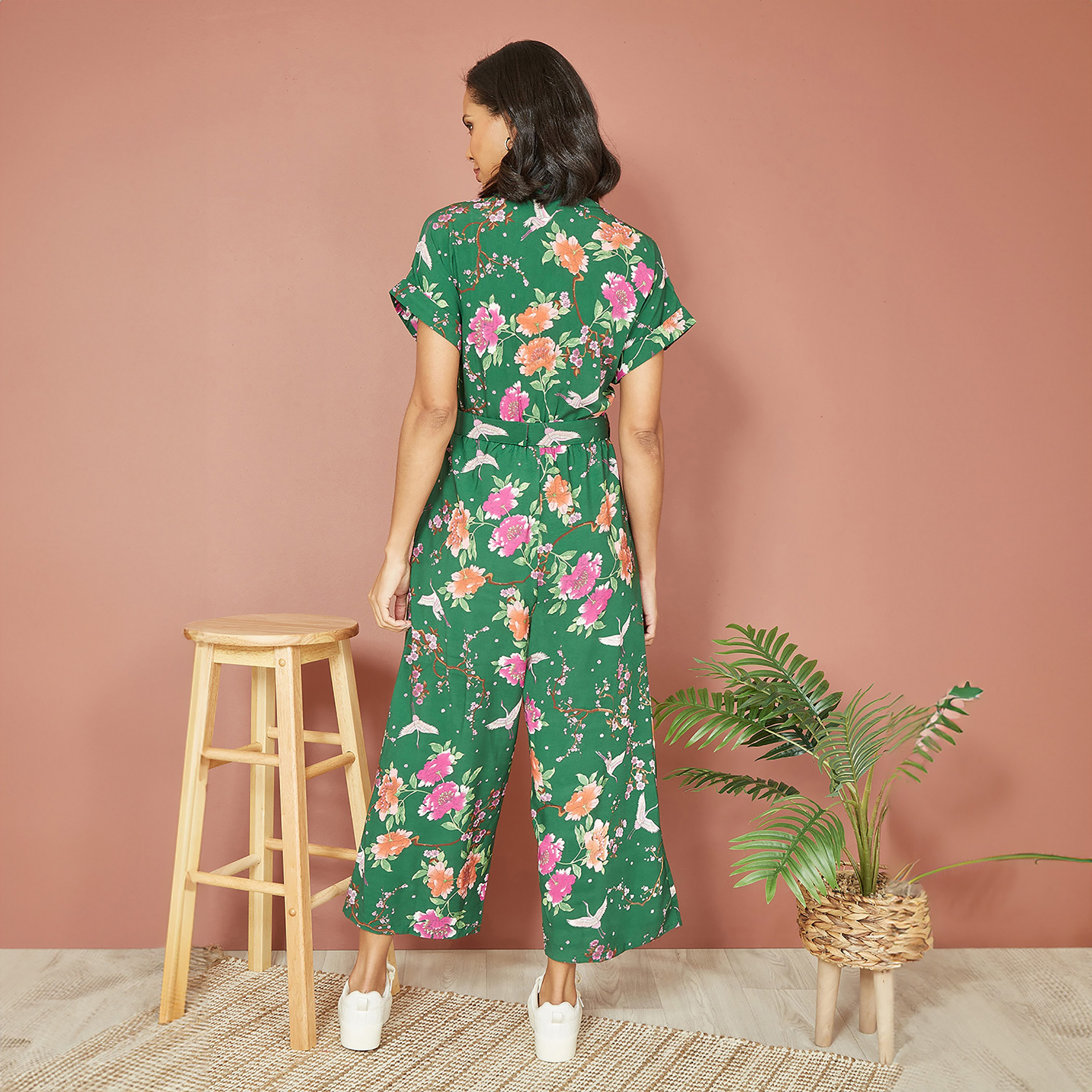 Yumi Recycled Crane Print Women's Jumpsuit with Matching Belt-women-clothing-jumpsuits-image-2