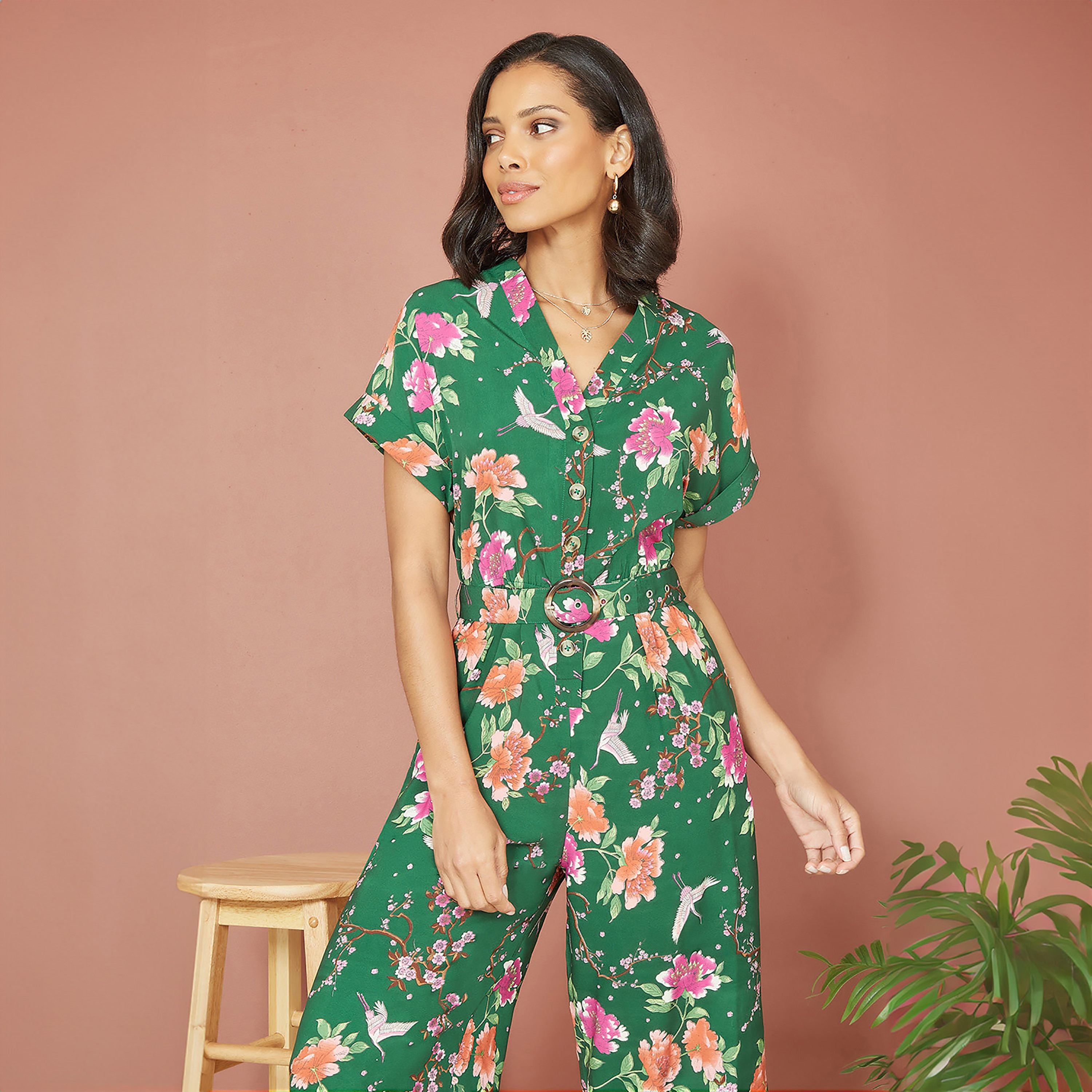 Yumi Recycled Crane Print Women's Jumpsuit with Matching Belt-women-clothing-jumpsuits-image-3