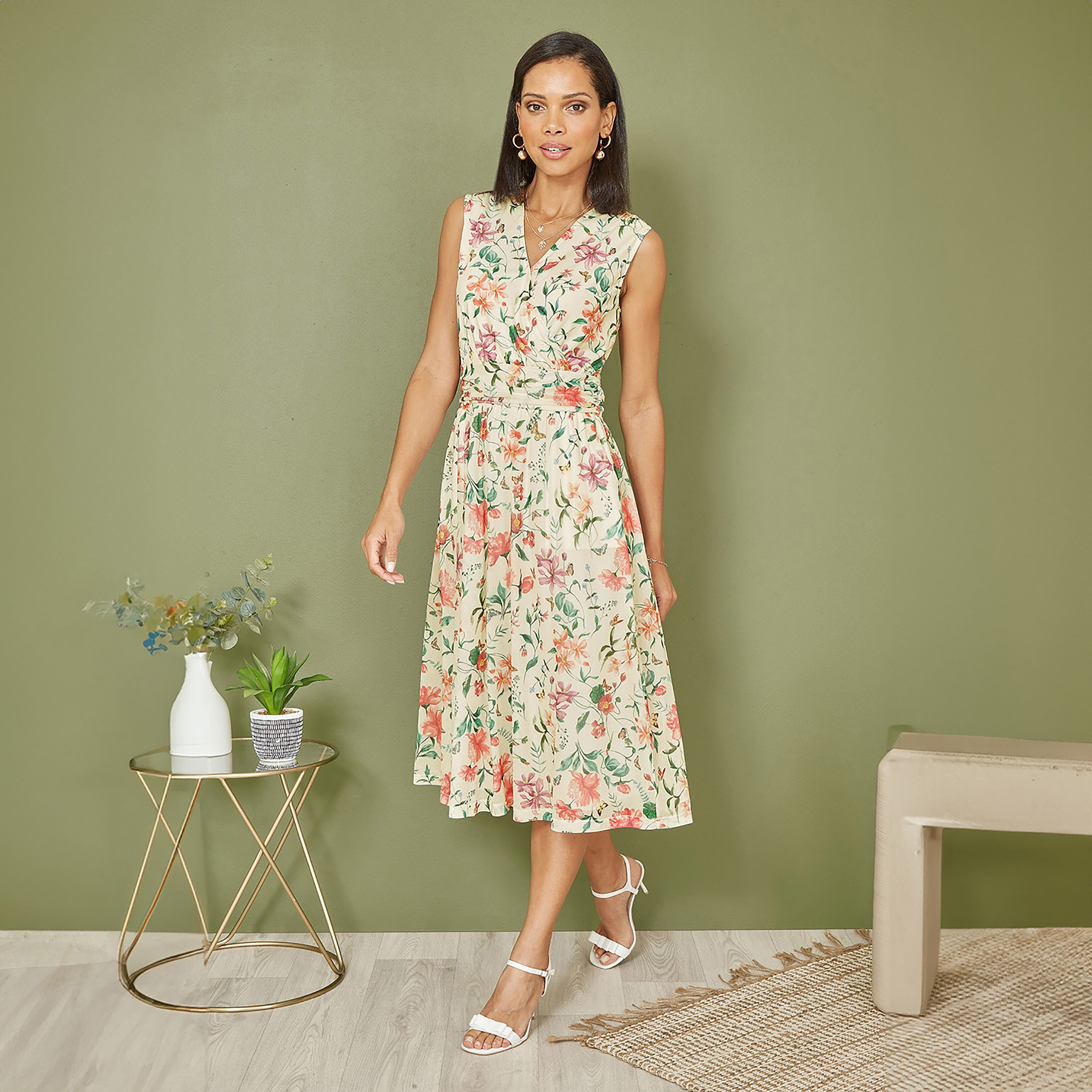 Yumi Ivory Floral Print Mesh Stretch Wrap Women's Midi Dress with Pockets-women-clothing-dresses-image-1