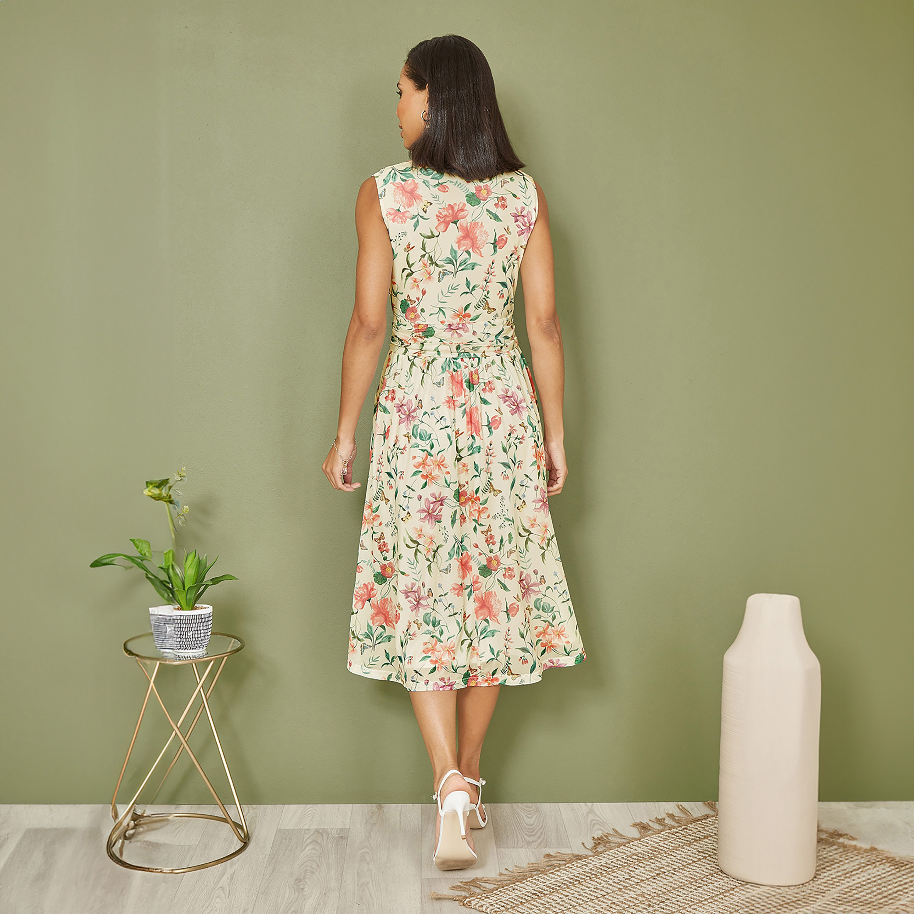 Yumi Ivory Floral Print Mesh Stretch Wrap Women's Midi Dress with Pockets-women-clothing-dresses-image-2