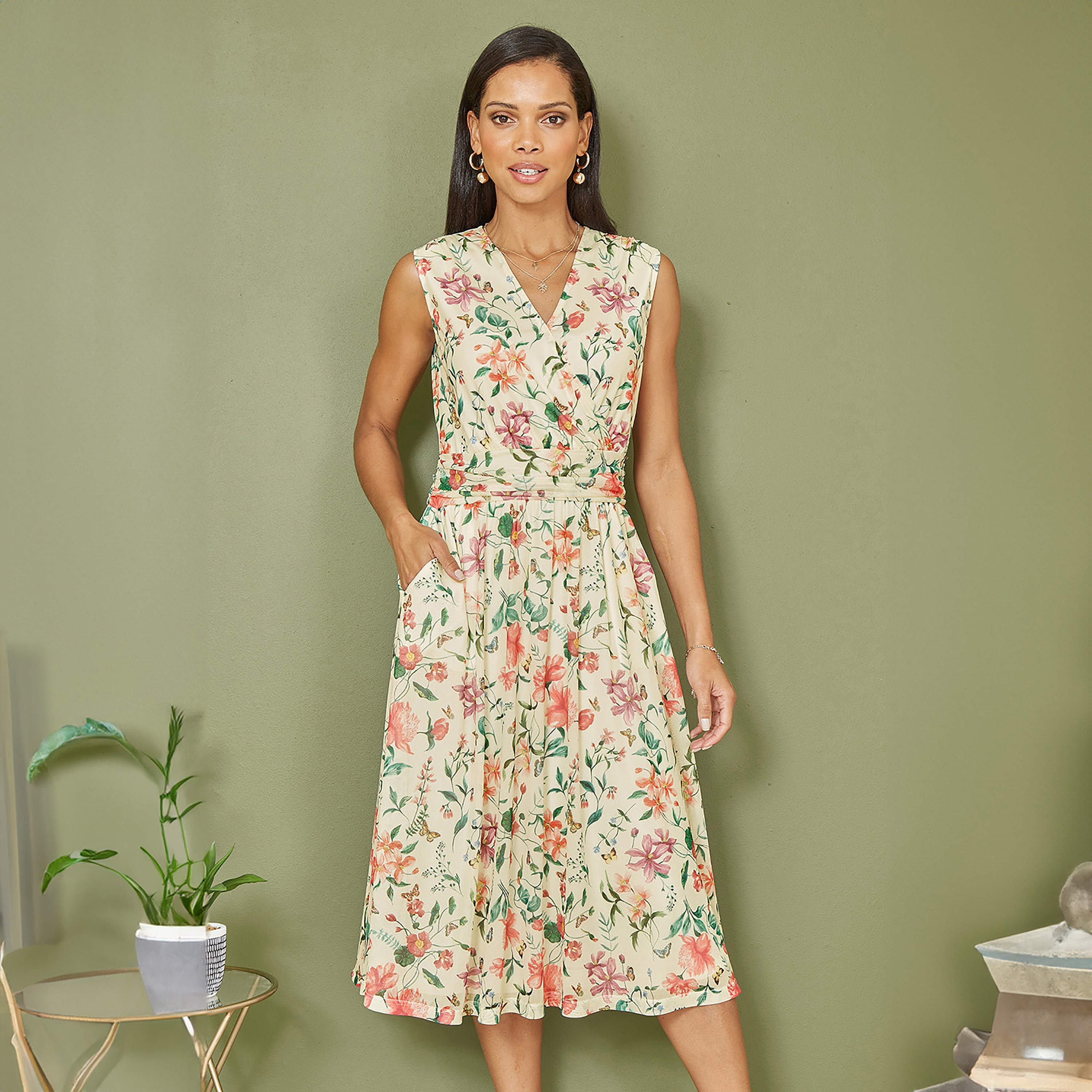 Yumi Ivory Floral Print Mesh Stretch Wrap Women's Midi Dress with Pockets-women-clothing-dresses-image-4