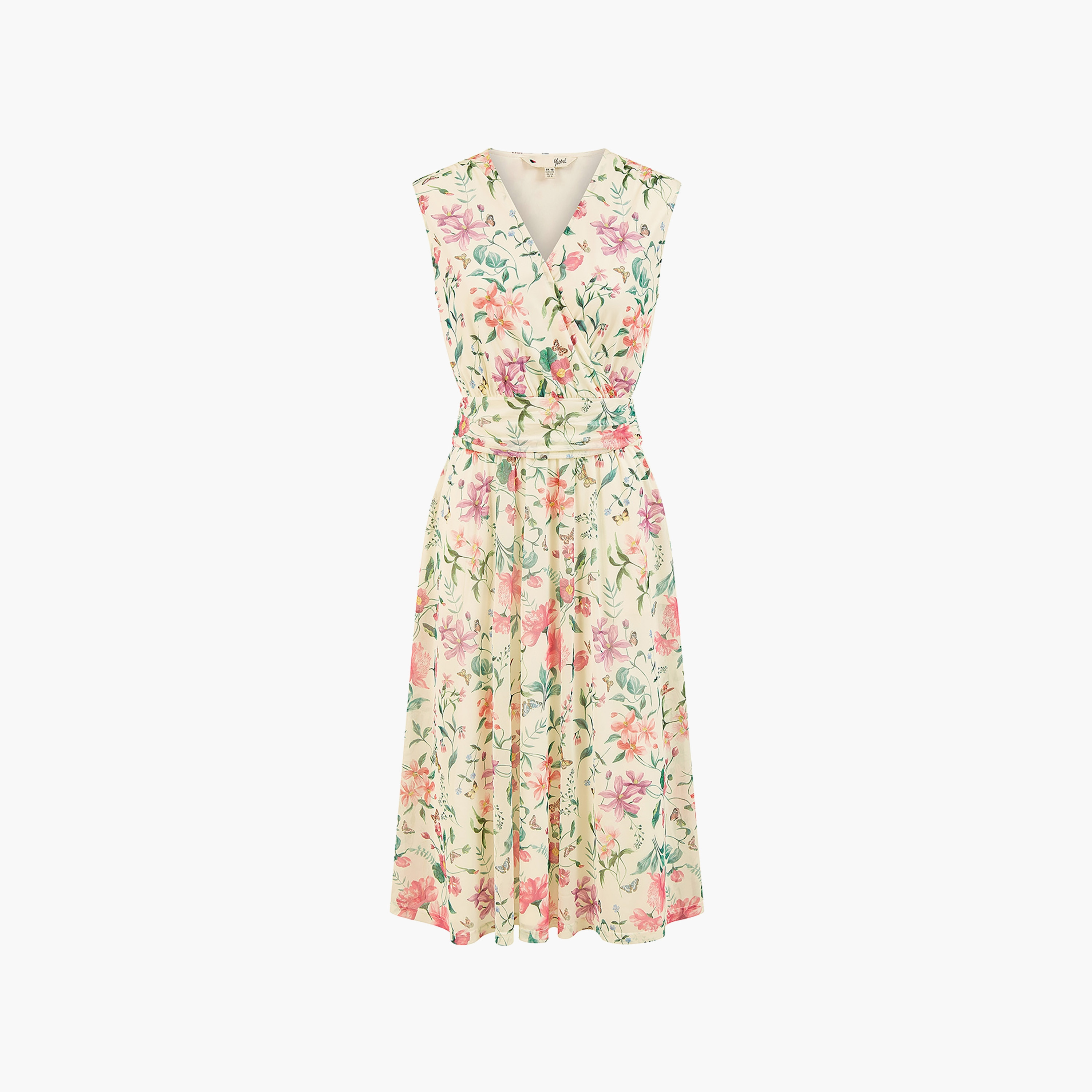 Yumi Ivory Floral Print Mesh Stretch Wrap Women's Midi Dress with Pockets-women-clothing-dresses-image-5