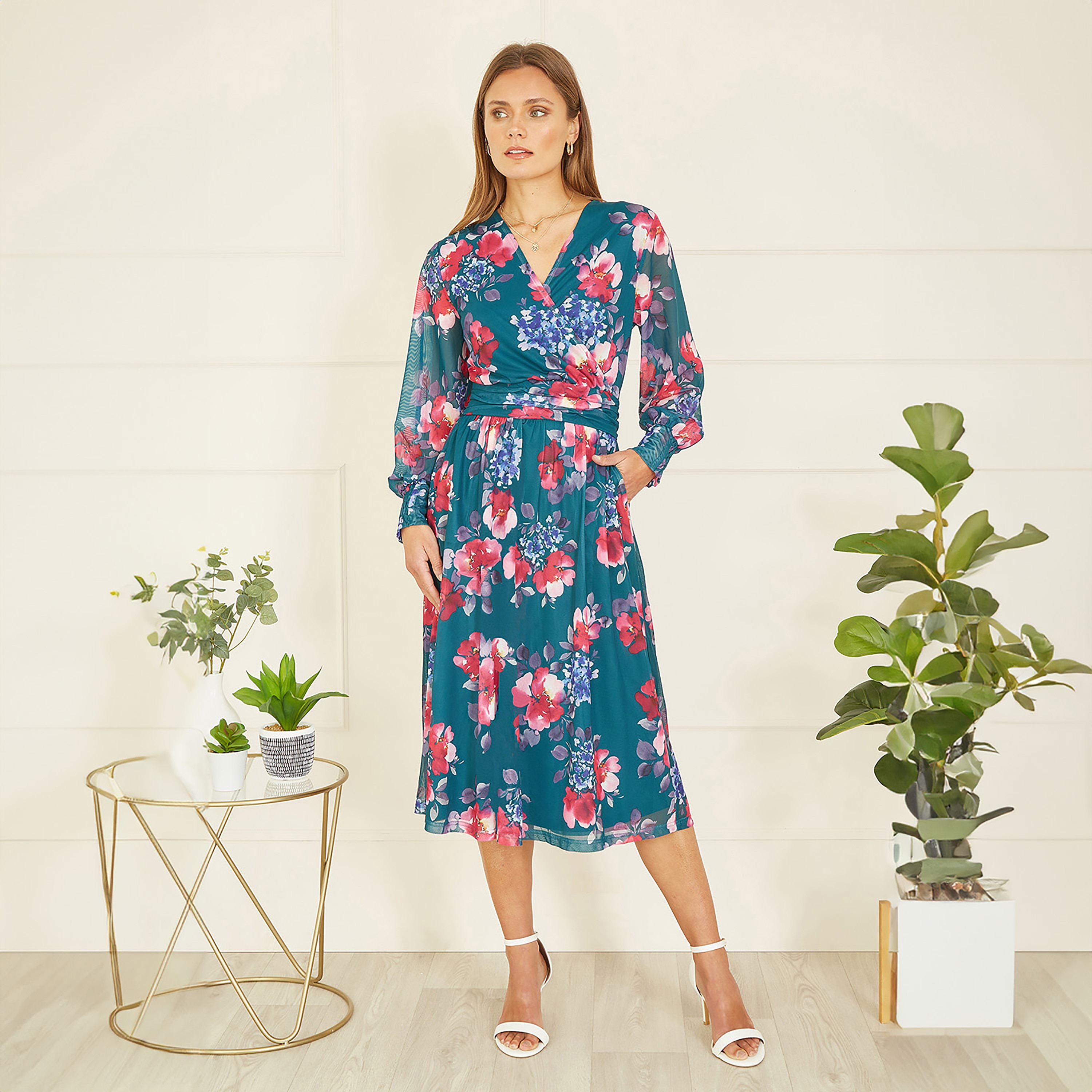 Yumi Teal Floral Print Stretch Mesh Wrap Women's Midi Dress with Pockets-women-clothing-dresses-image-1