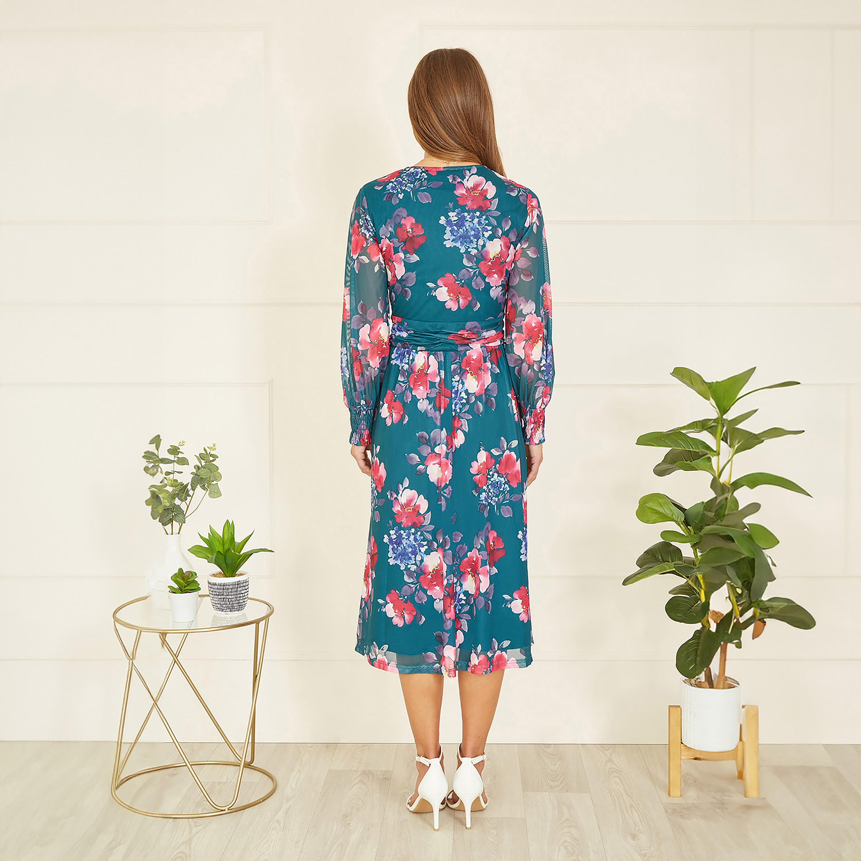 Yumi Teal Floral Print Stretch Mesh Wrap Women's Midi Dress with Pockets-women-clothing-dresses-image-2
