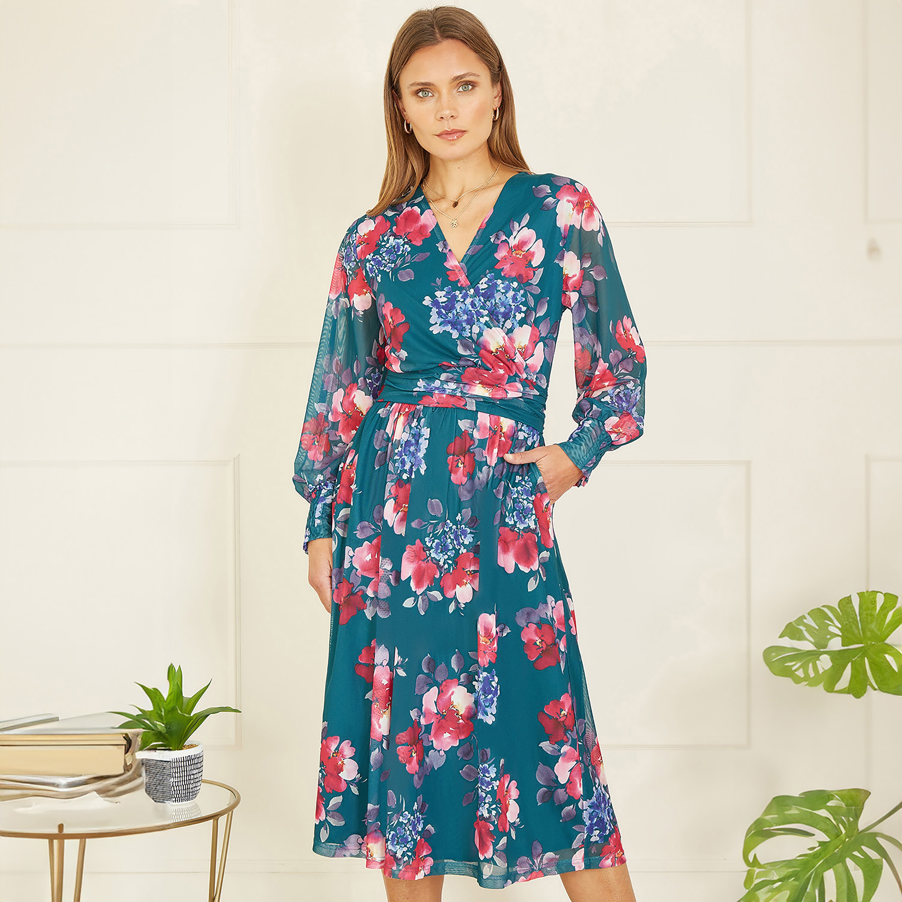 Yumi Teal Floral Print Stretch Mesh Wrap Women's Midi Dress with Pockets-women-clothing-dresses-image-3