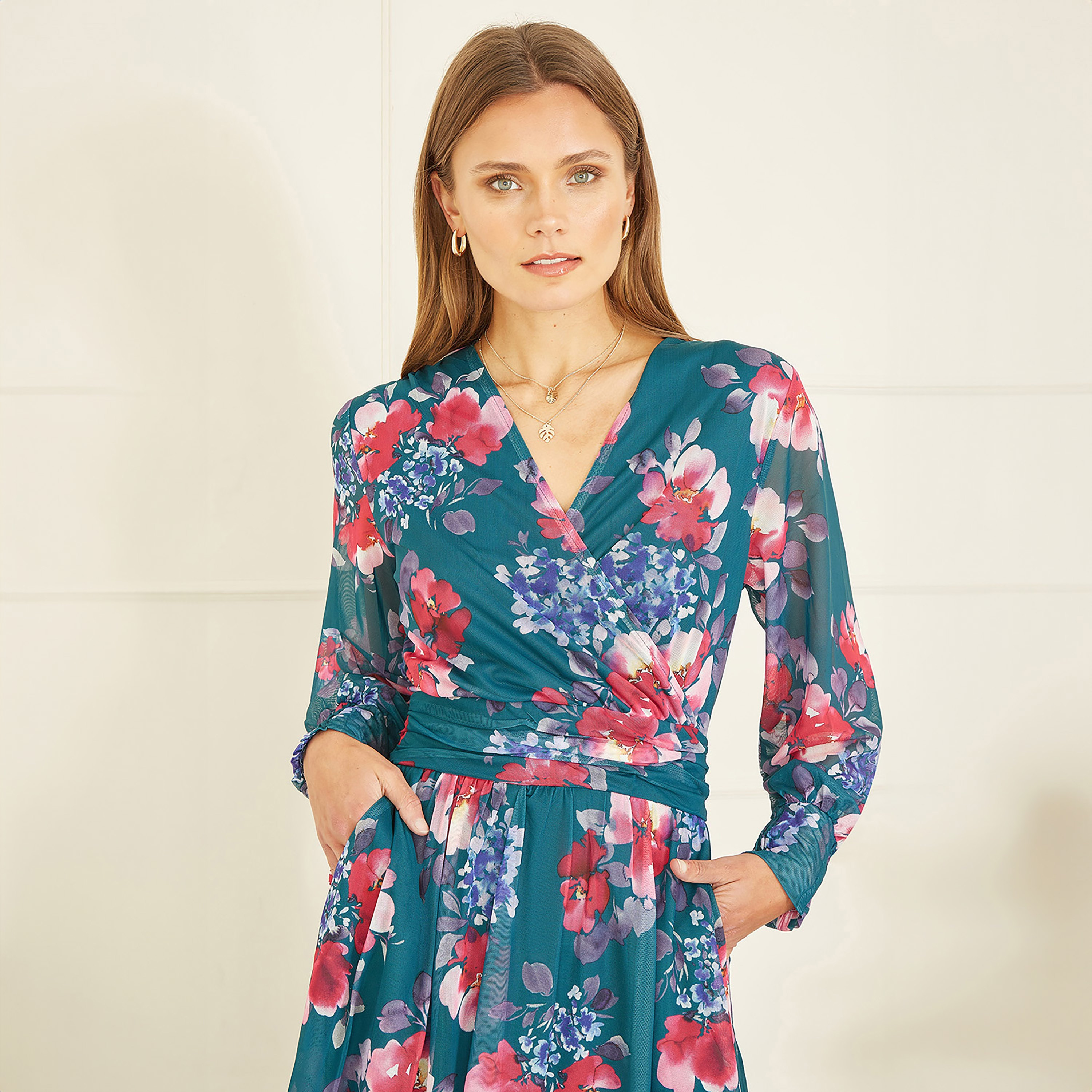 Yumi Teal Floral Print Stretch Mesh Wrap Women's Midi Dress with Pockets-women-clothing-dresses-image-4