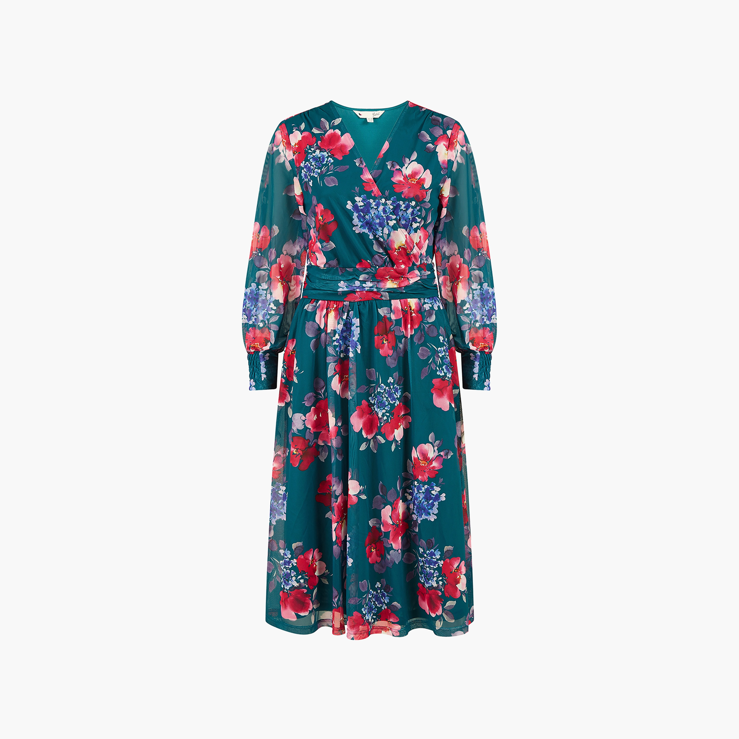 Yumi Teal Floral Print Stretch Mesh Wrap Women's Midi Dress with Pockets-women-clothing-dresses-image-5