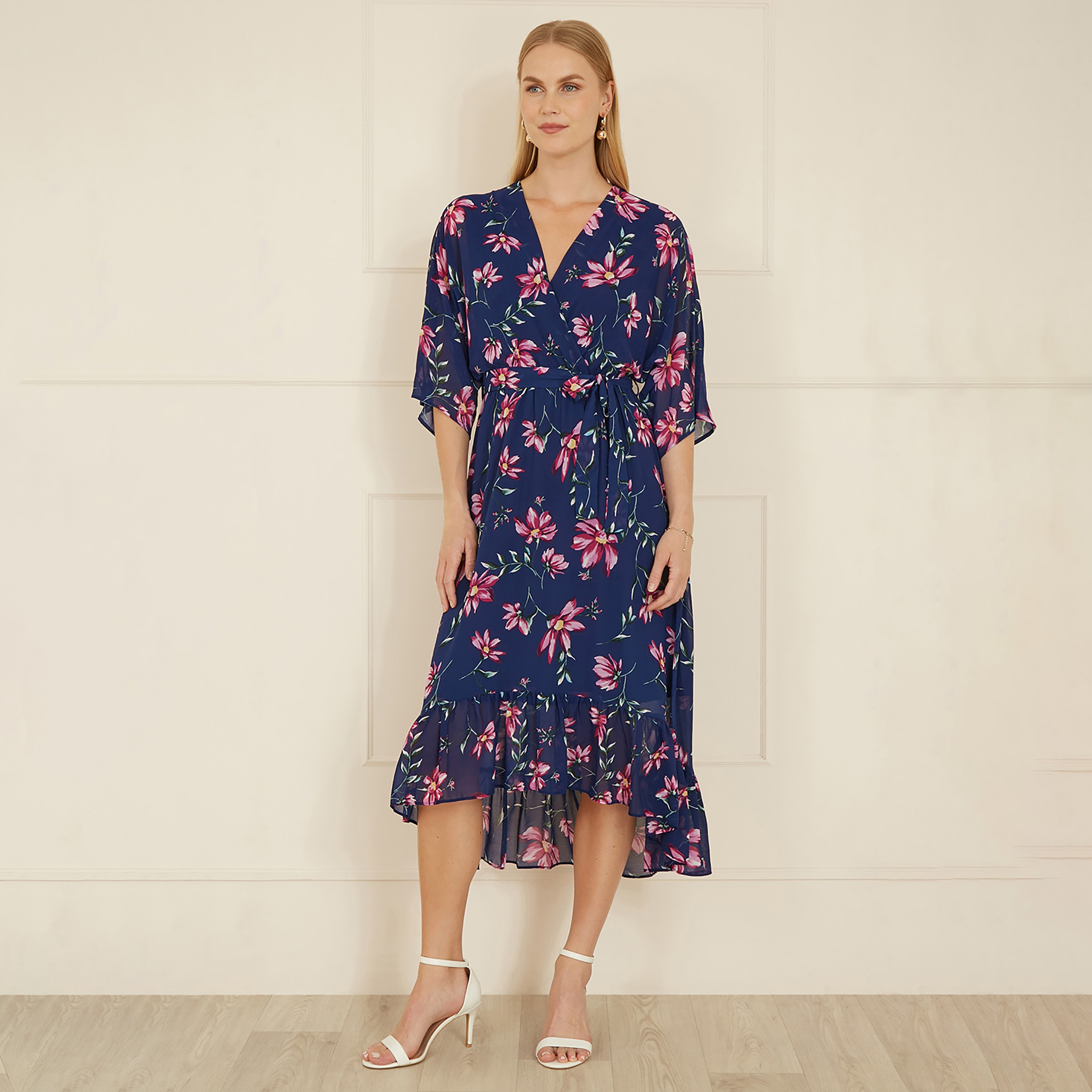Yumi Navy Floral Kimono Dipped Hem Wrap Women's Midi Dress-women-clothing-dresses-image-1