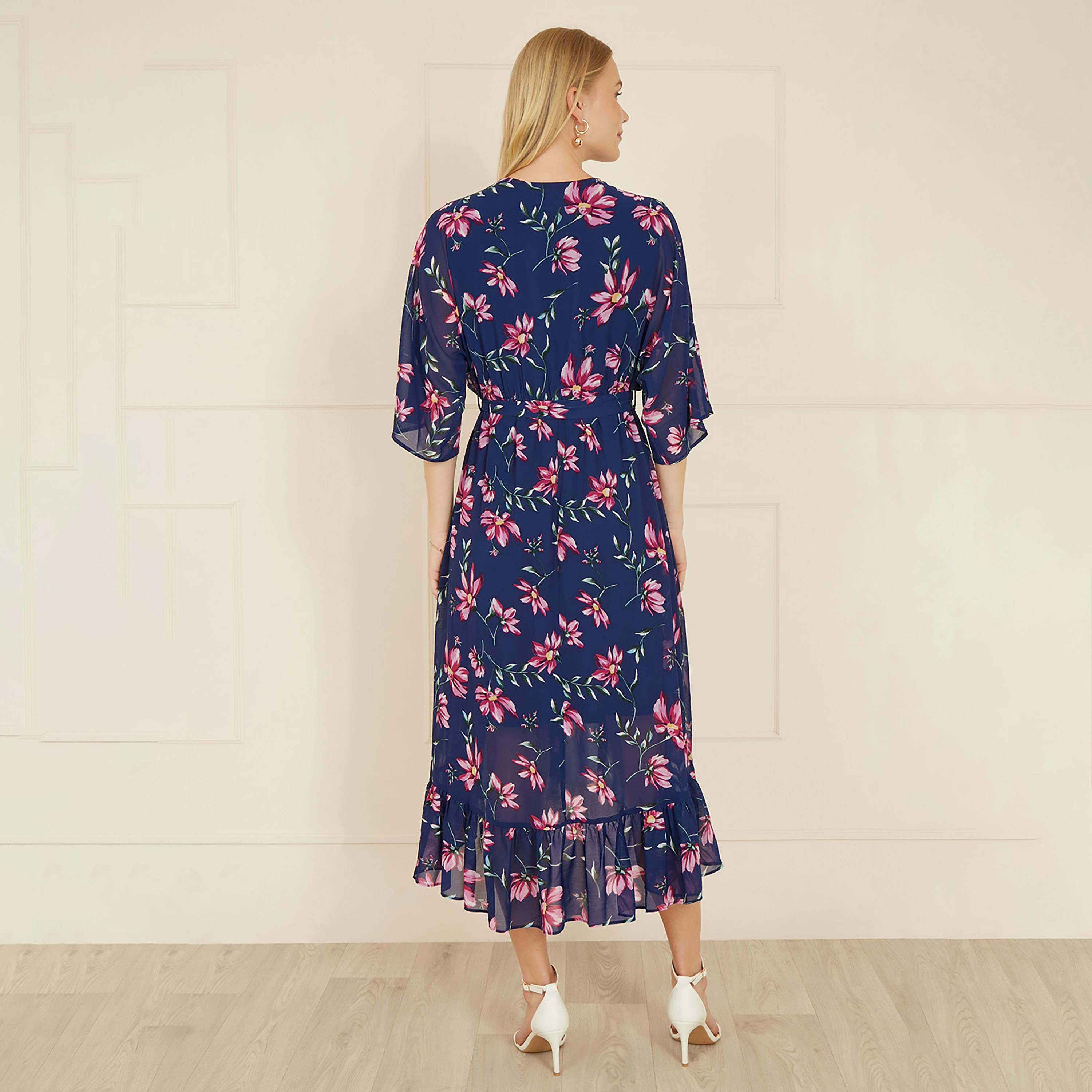 Yumi Navy Floral Kimono Dipped Hem Wrap Women's Midi Dress-women-clothing-dresses-image-2