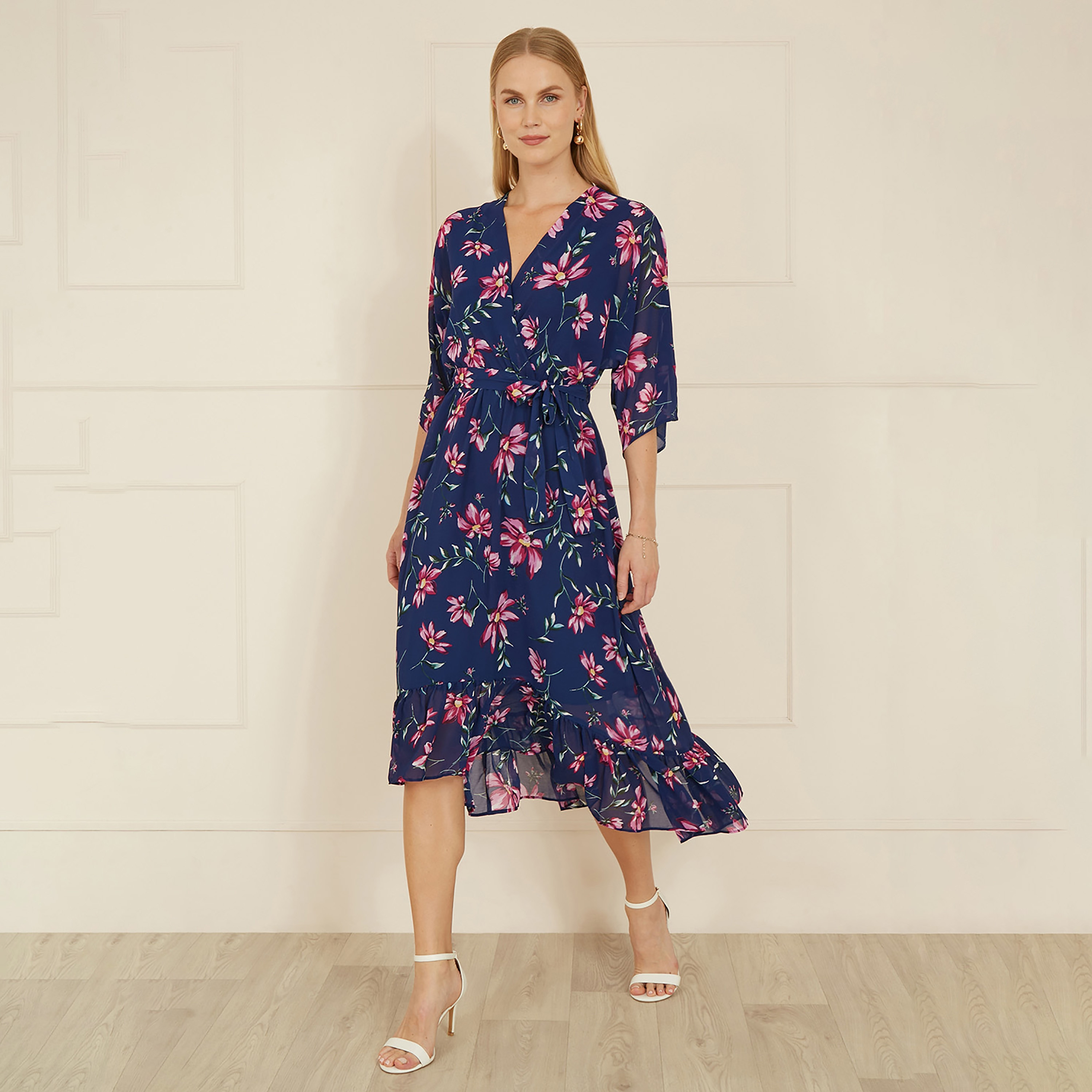Yumi Navy Floral Kimono Dipped Hem Wrap Women's Midi Dress-women-clothing-dresses-image-3