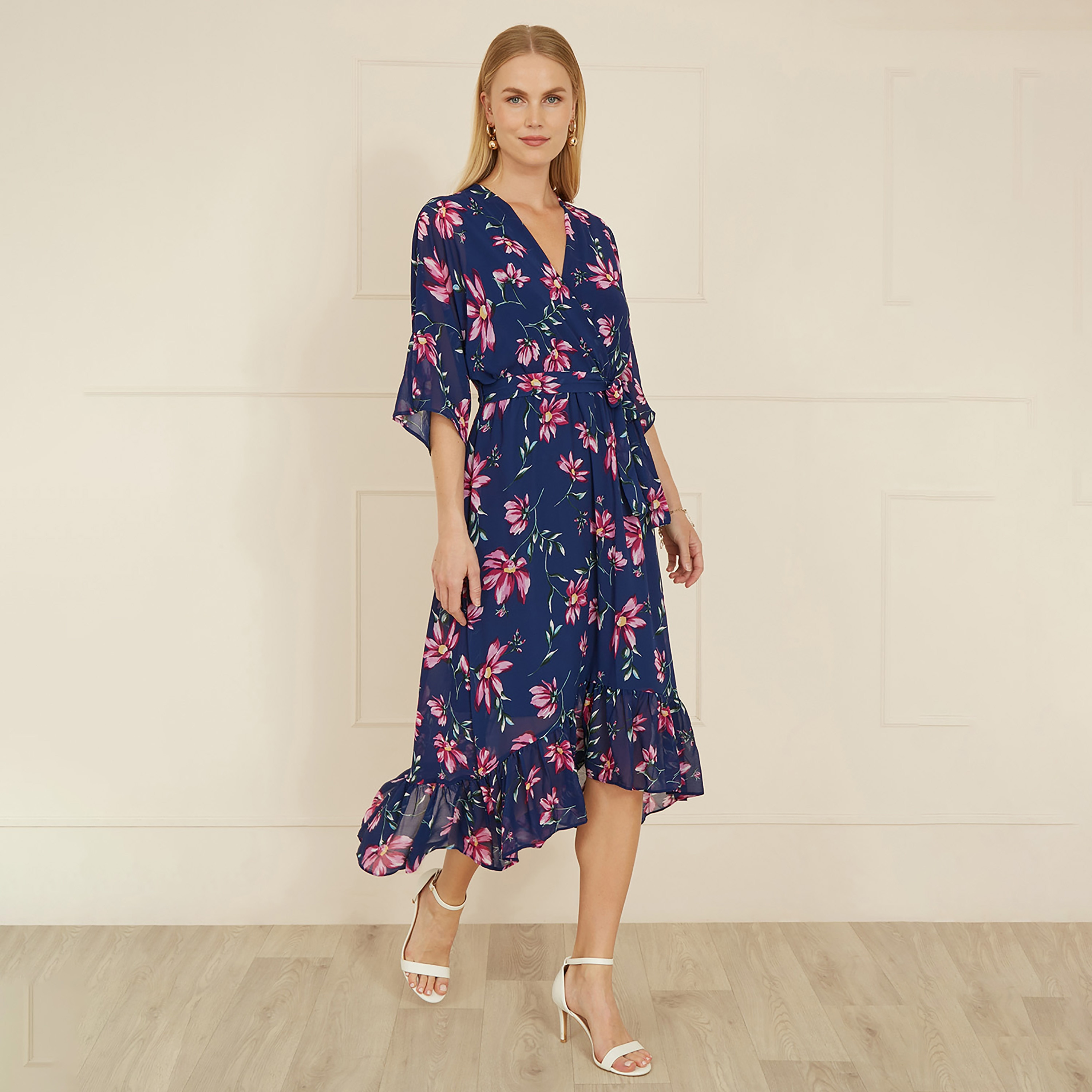 Yumi Navy Floral Kimono Dipped Hem Wrap Women's Midi Dress-women-clothing-dresses-image-4