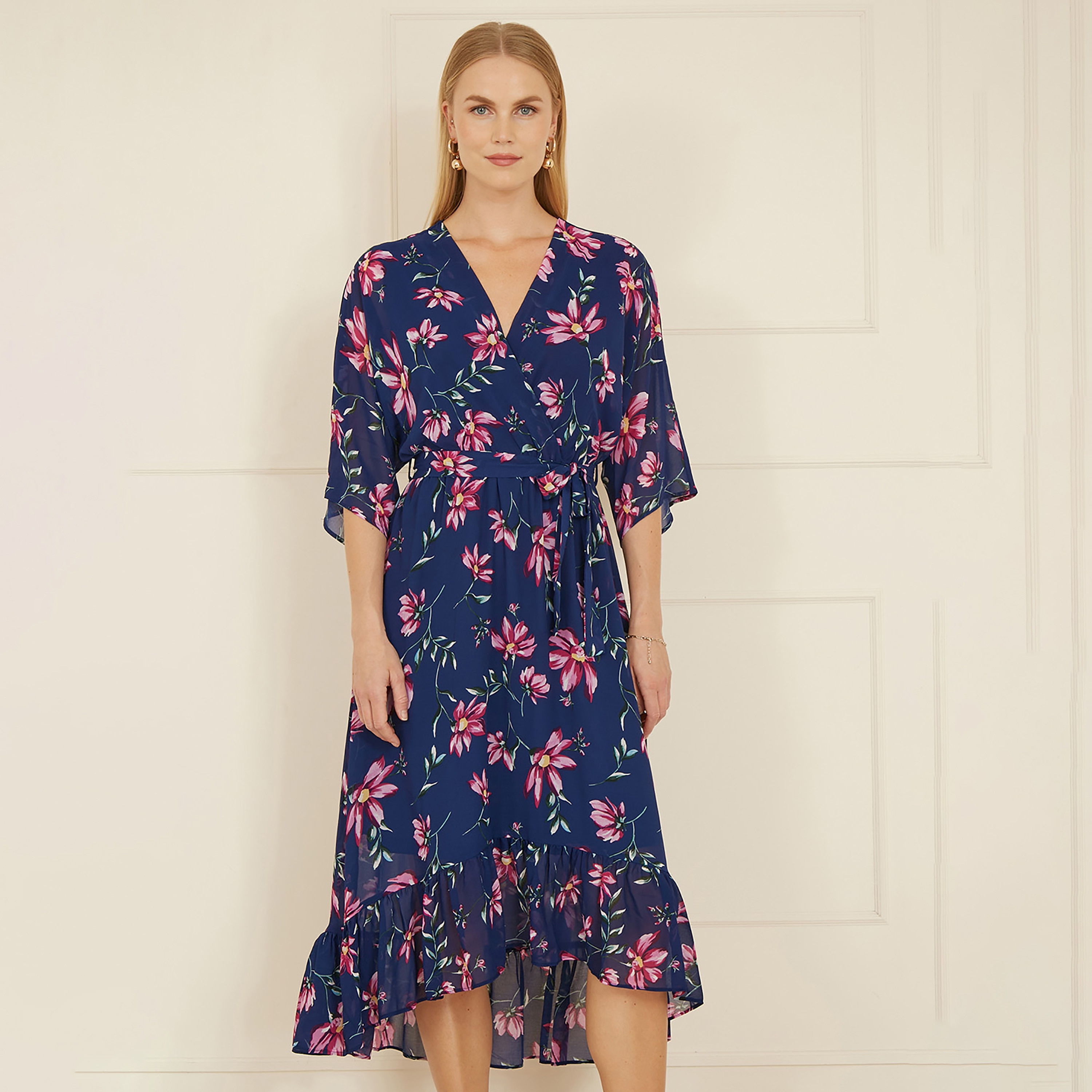 Yumi Navy Floral Kimono Dipped Hem Wrap Women's Midi Dress-women-clothing-dresses-image-5