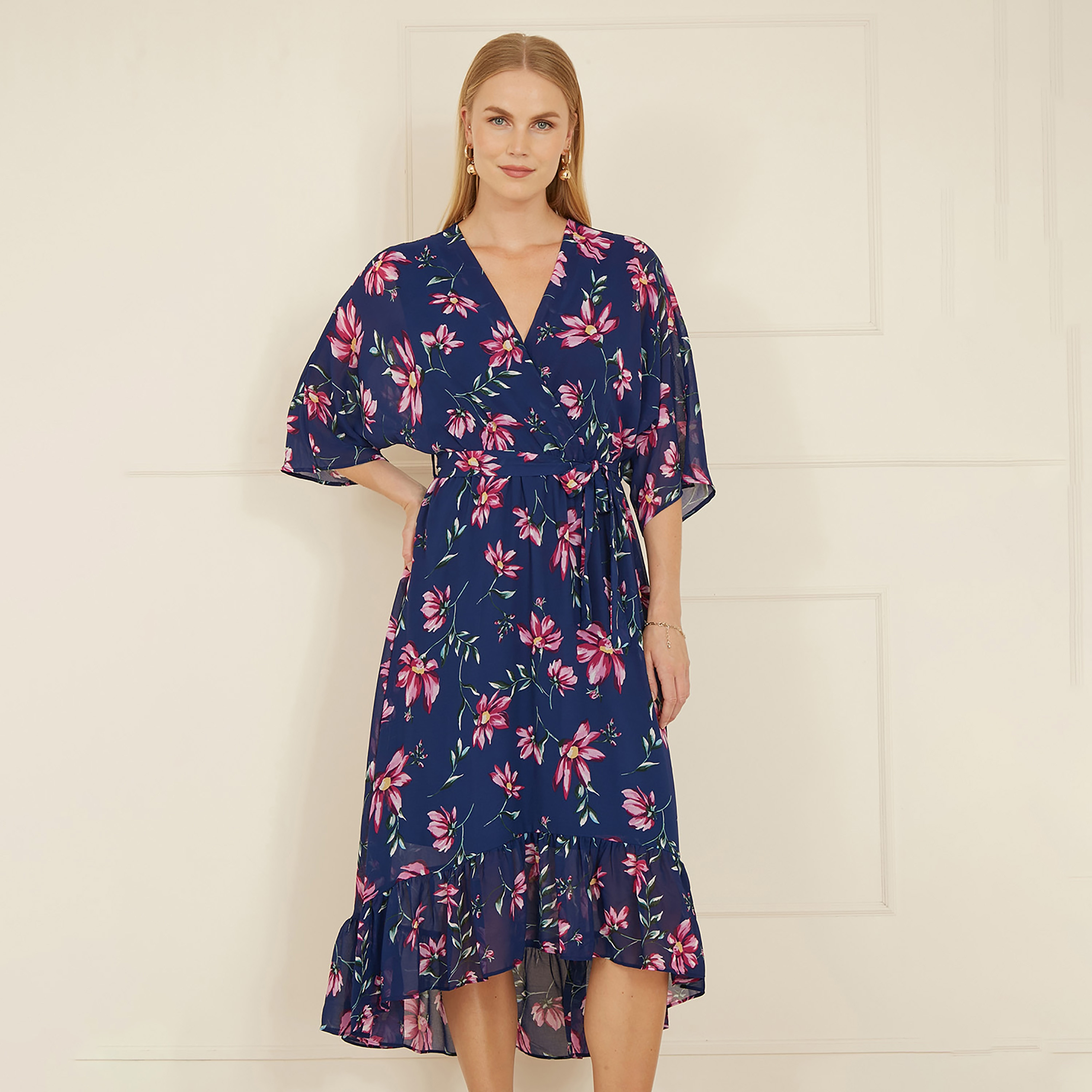 Yumi Navy Floral Kimono Dipped Hem Wrap Women's Midi Dress-women-clothing-dresses-image-6
