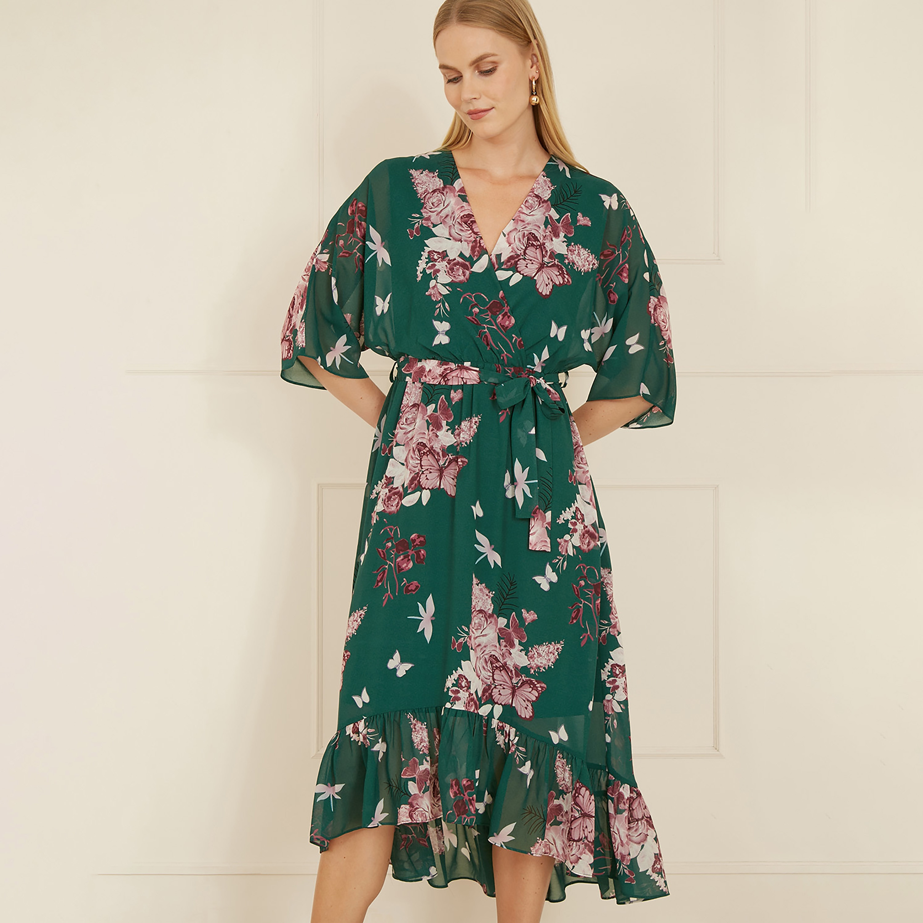 Yumi Green Floral Kimono Dipped Hem Wrap Women's Midi Dress-women-clothing-dresses-image-1