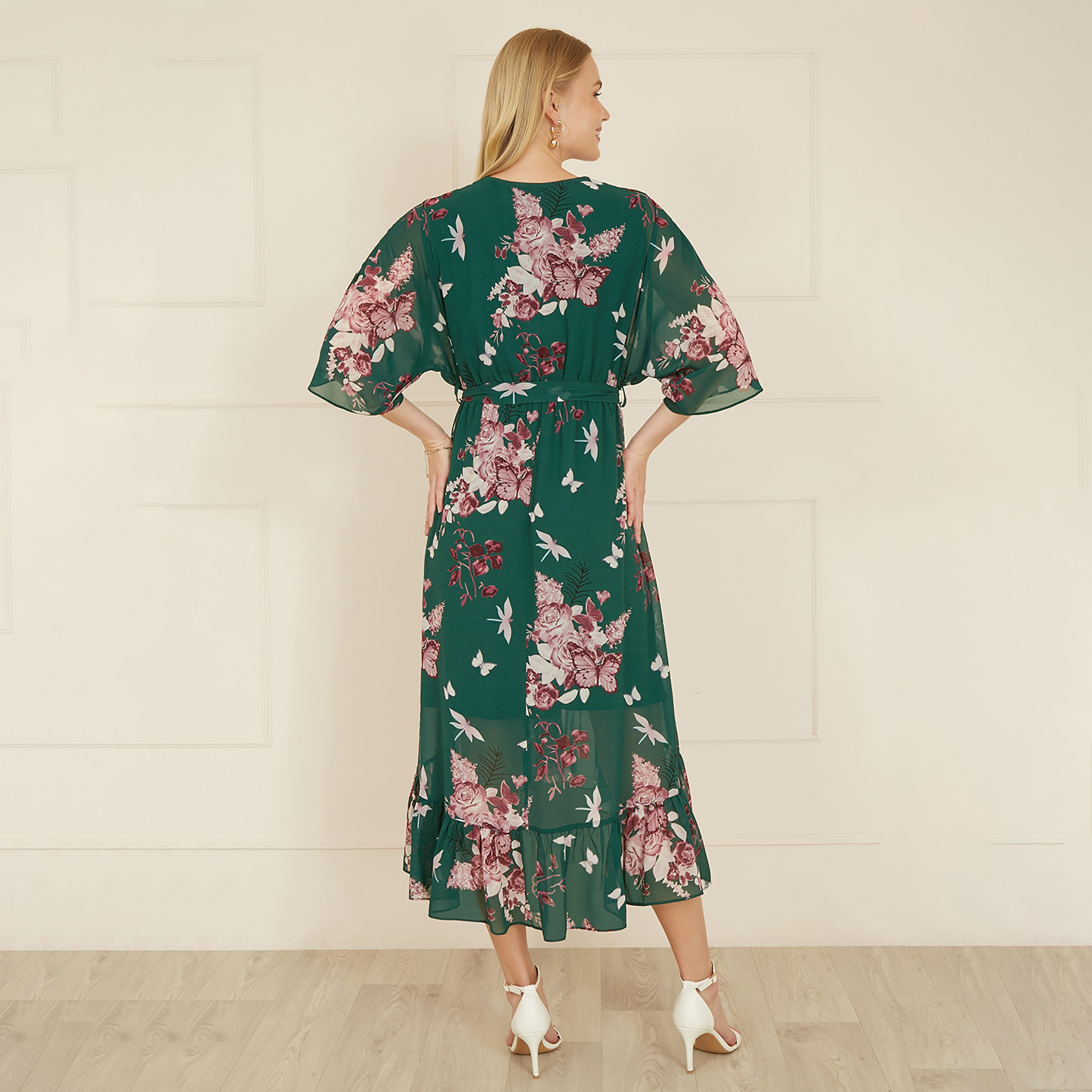 Yumi Green Floral Kimono Dipped Hem Wrap Women's Midi Dress-women-clothing-dresses-image-2