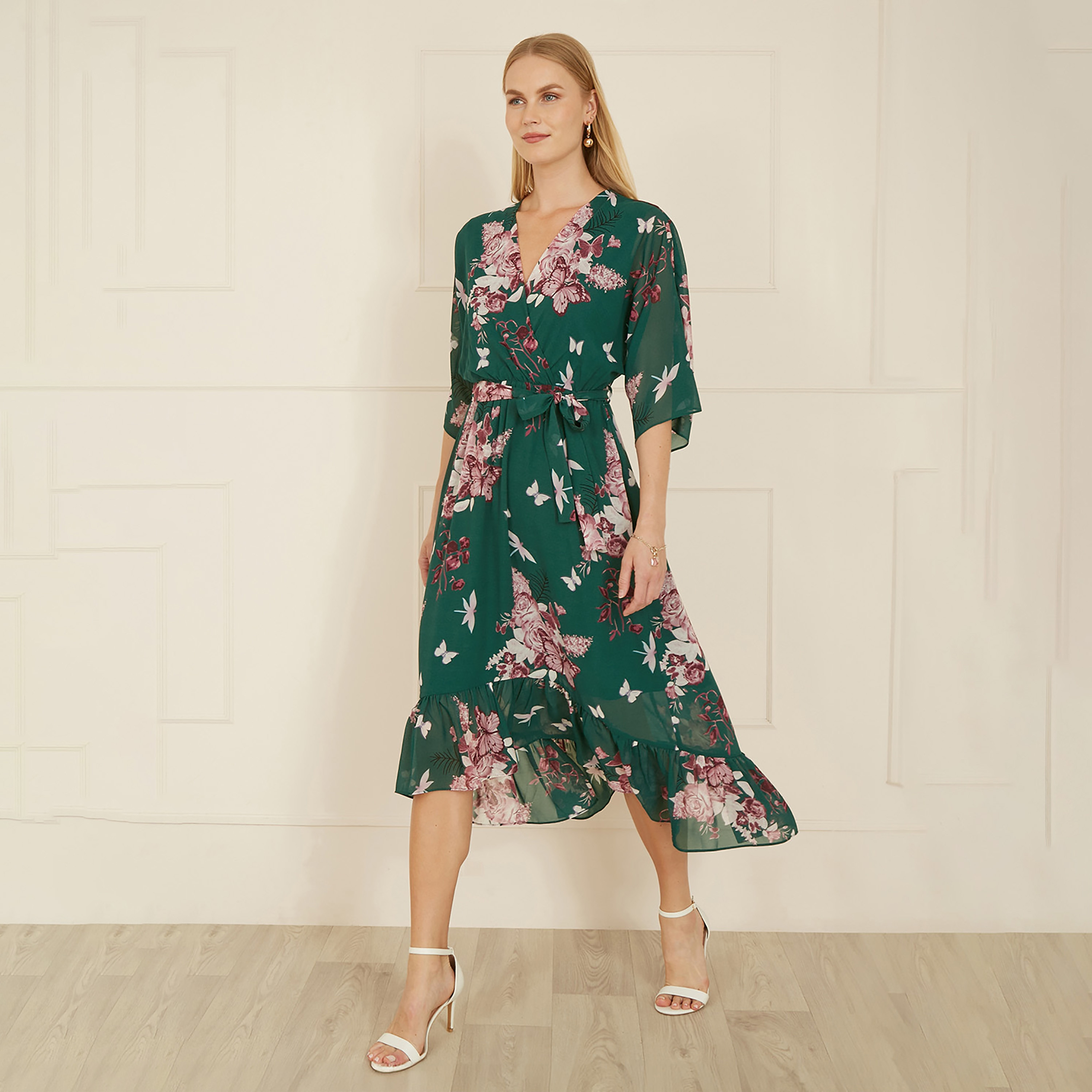 Yumi Green Floral Kimono Dipped Hem Wrap Women's Midi Dress-women-clothing-dresses-image-3