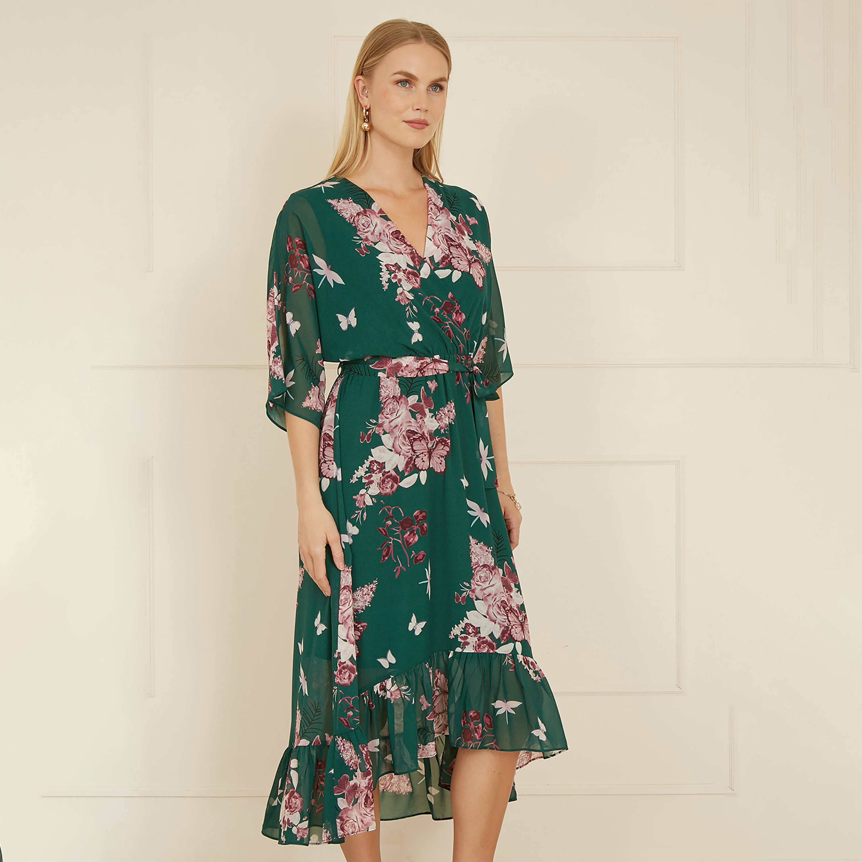 Yumi Green Floral Kimono Dipped Hem Wrap Women's Midi Dress-women-clothing-dresses-image-4