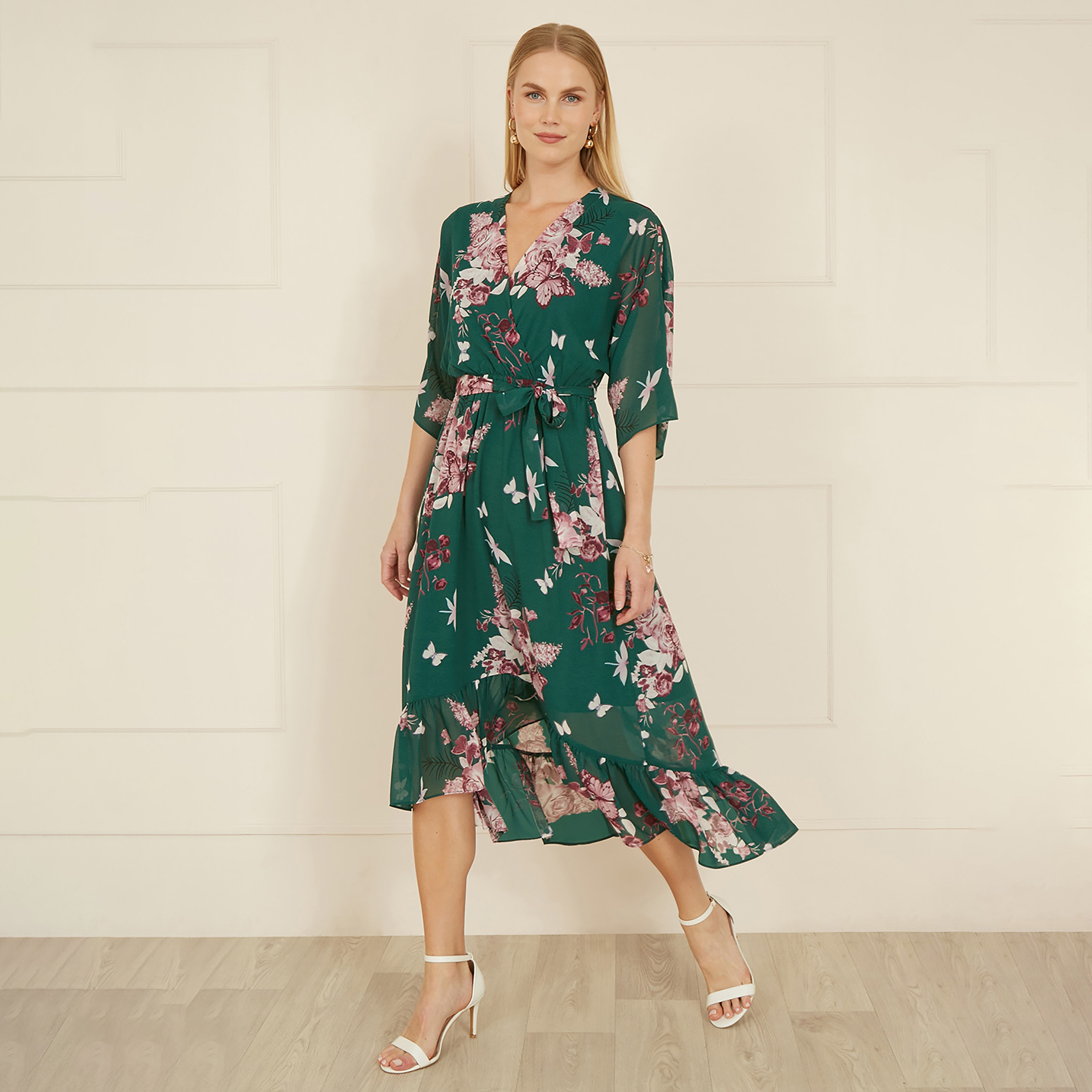 Yumi Green Floral Kimono Dipped Hem Wrap Women's Midi Dress-women-clothing-dresses-image-5