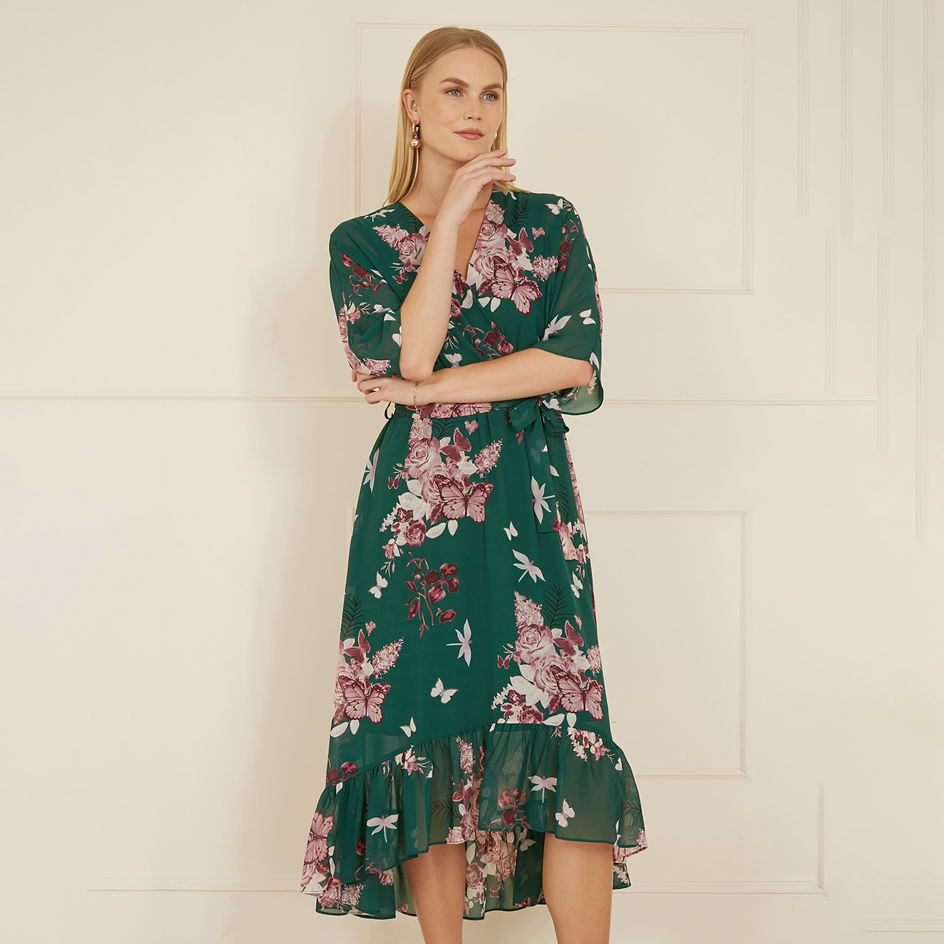 Yumi Green Floral Kimono Dipped Hem Wrap Women's Midi Dress-women-clothing-dresses-image-6