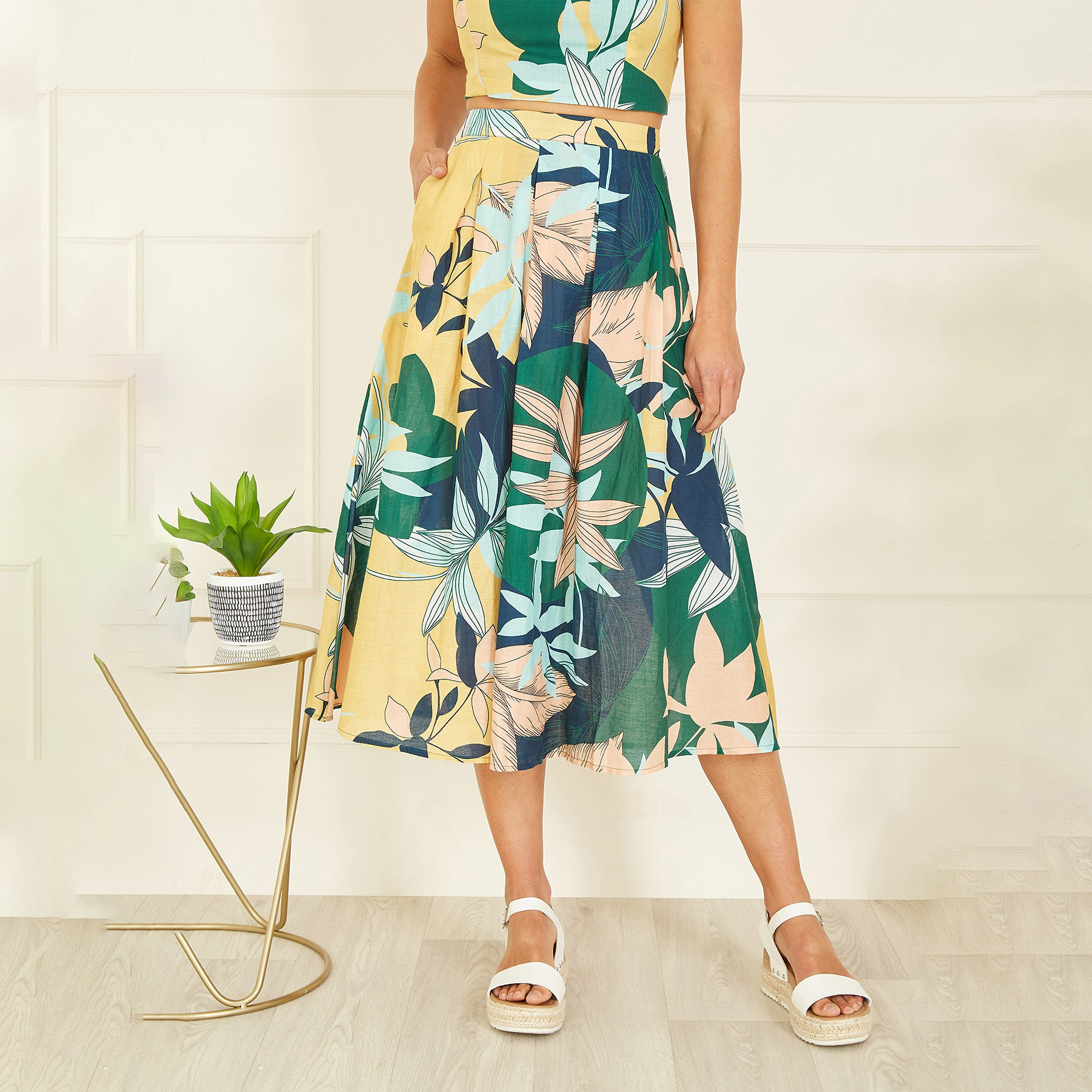 Yumi Multicolour Organic Cotton Leaf Print Women's Midi Skirt-women-clothing-skirts-image-1