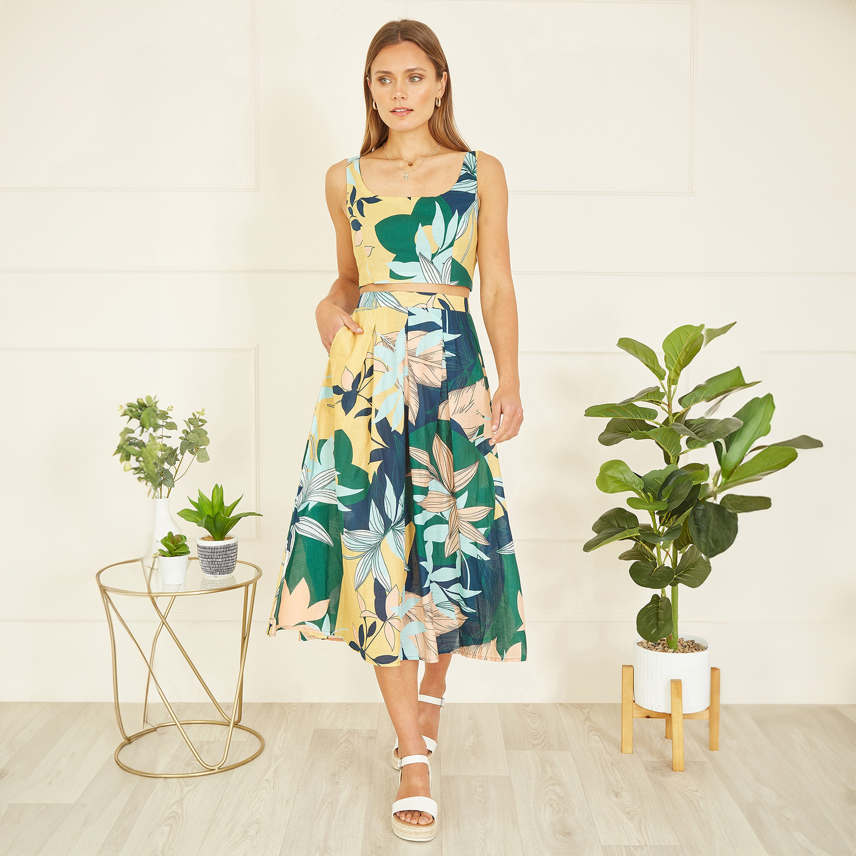 Yumi Multicolour Organic Cotton Leaf Print Women's Midi Skirt-women-clothing-skirts-image-2