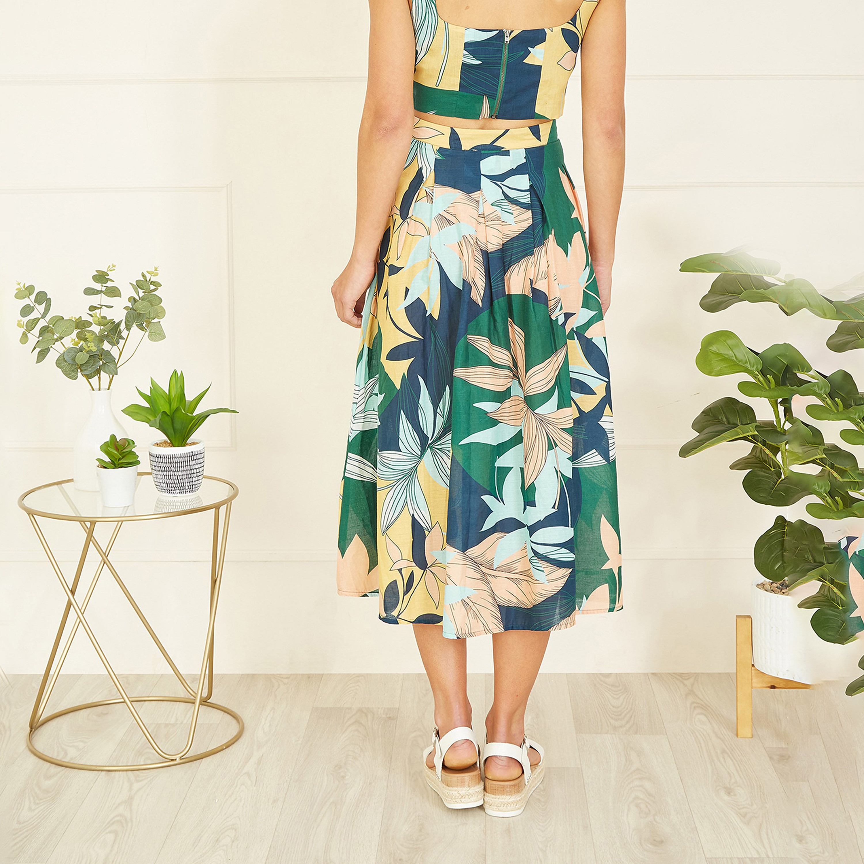 Yumi Multicolour Organic Cotton Leaf Print Women's Midi Skirt-women-clothing-skirts-image-3