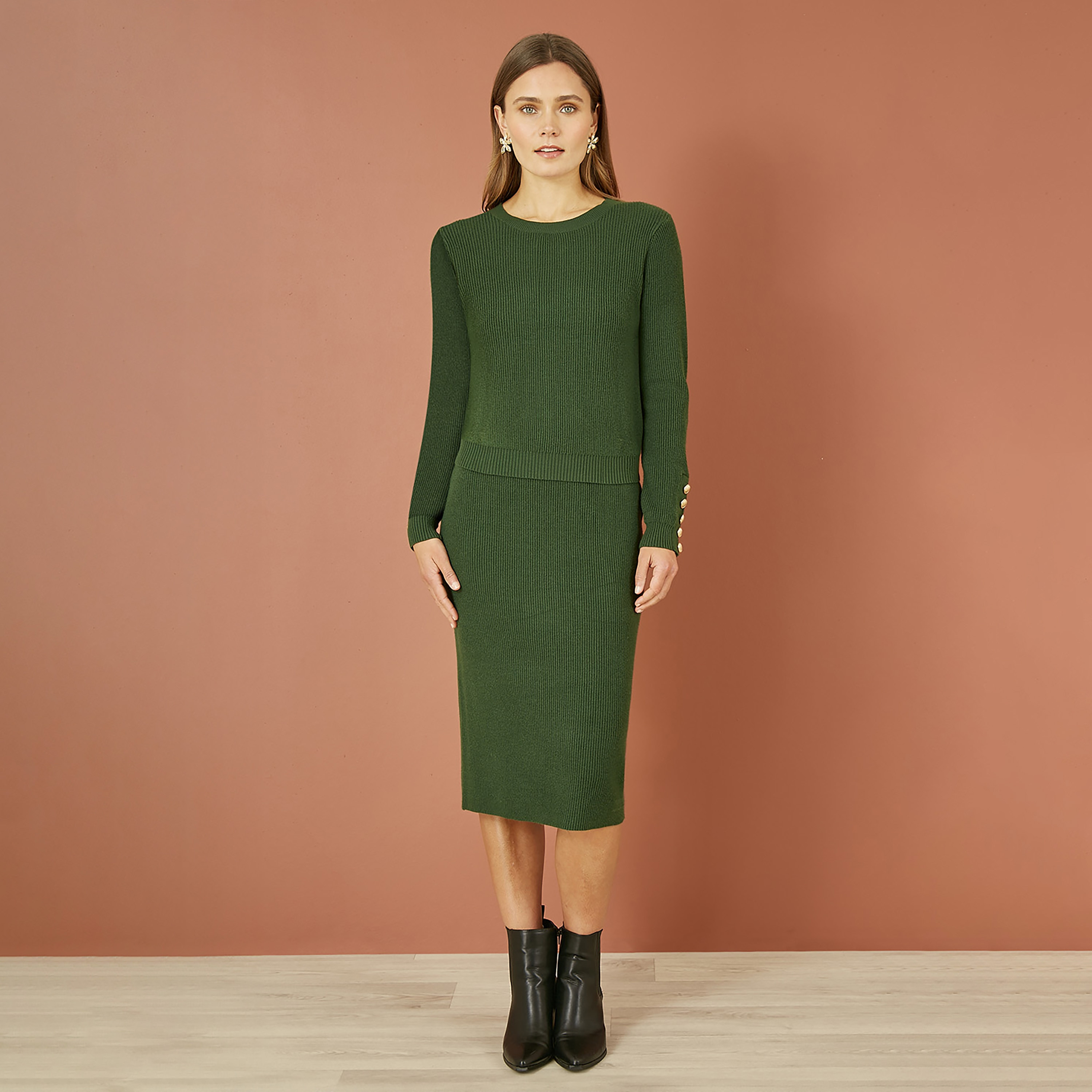 Yumi Green Rib Knitted Women's Jumper with Sleeve Button Detail-women-winterwear-cardigansandjumpers-jumpers-image-2