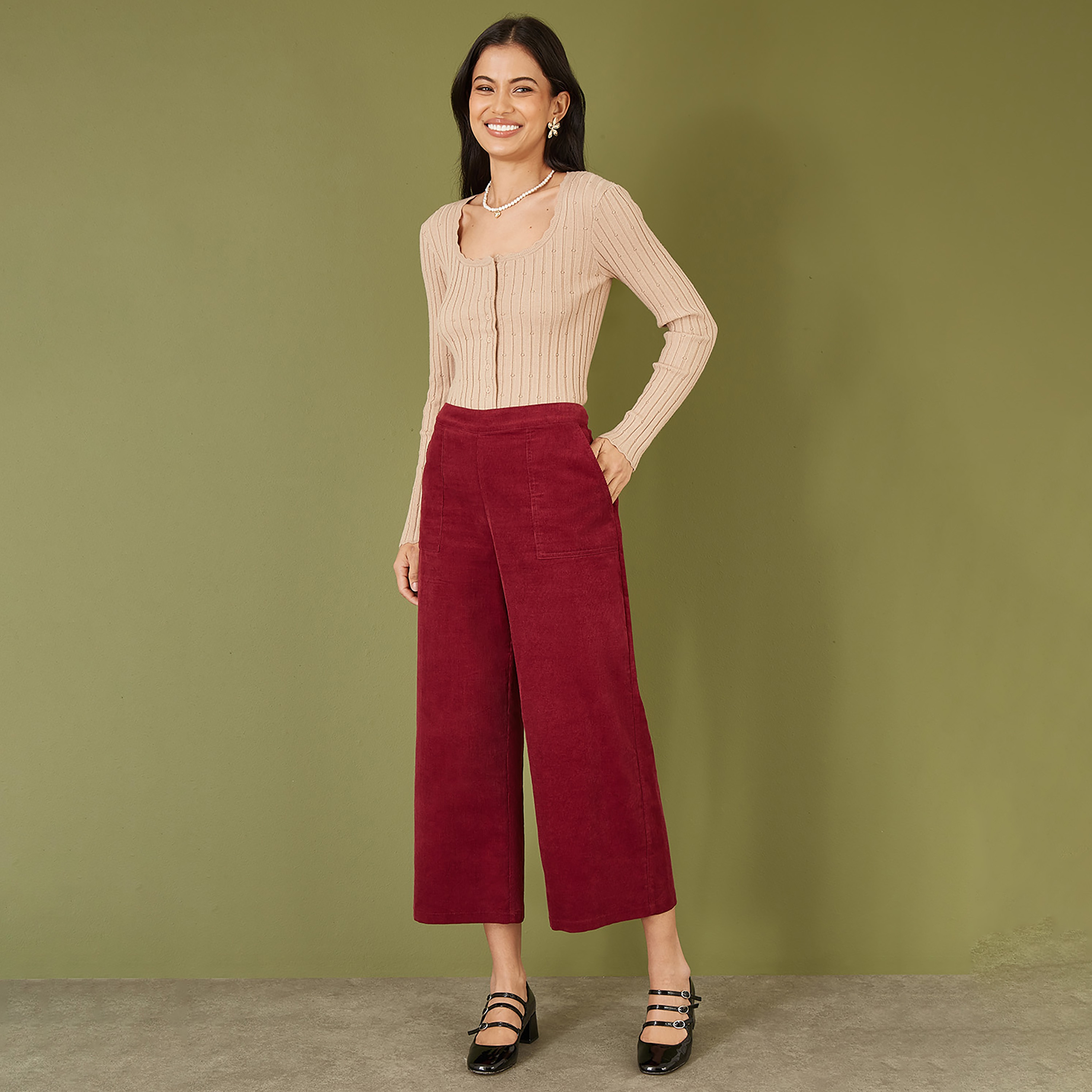 Yumi Oatmeal Fitted Rib Button Up Women's Cardigan-women-clothing-cardigansandjumpers-cardigans-image-2