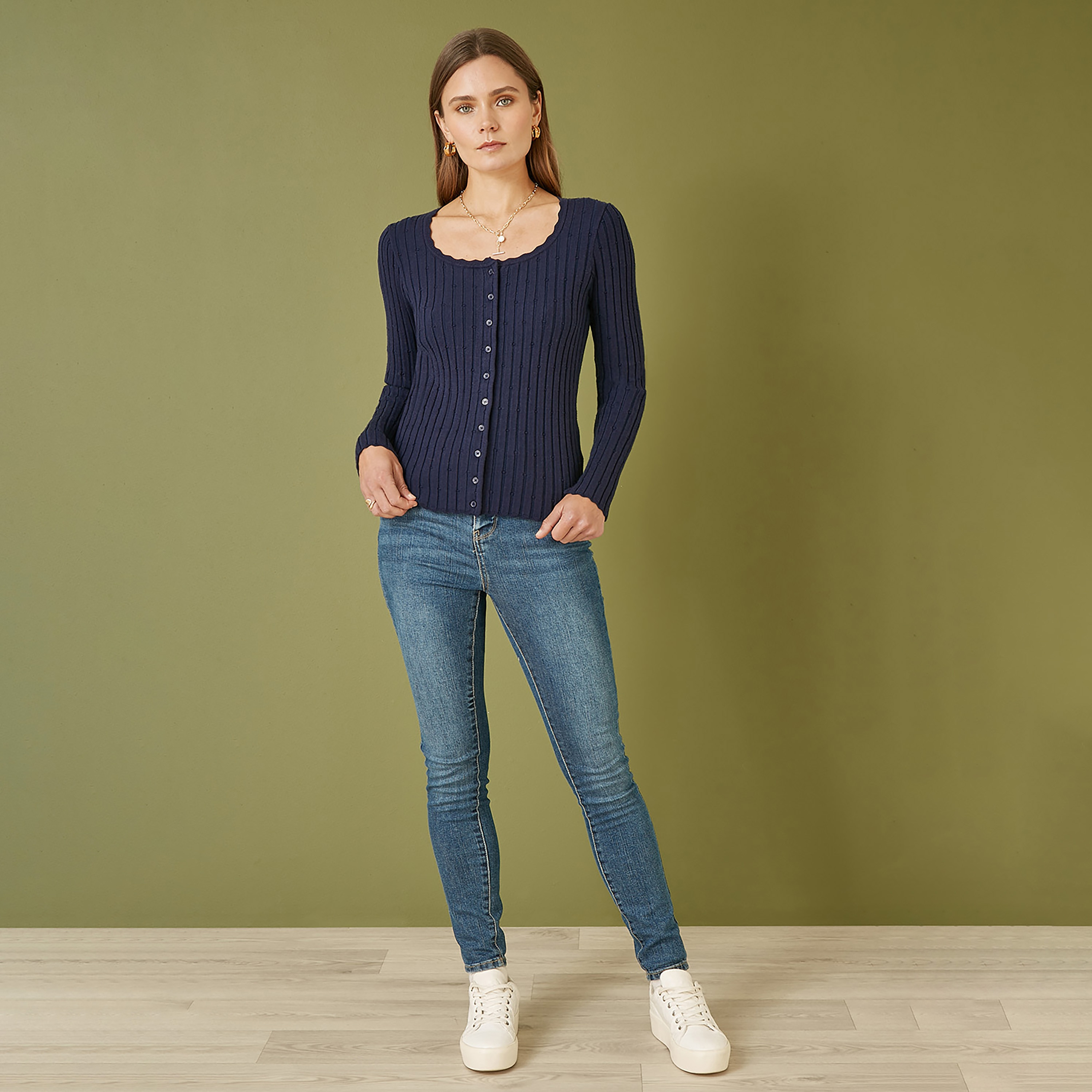 Yumi Navy Fitted Rib Button Up Women's Cardigan-women-clothing-cardigansandjumpers-cardigans-image-2