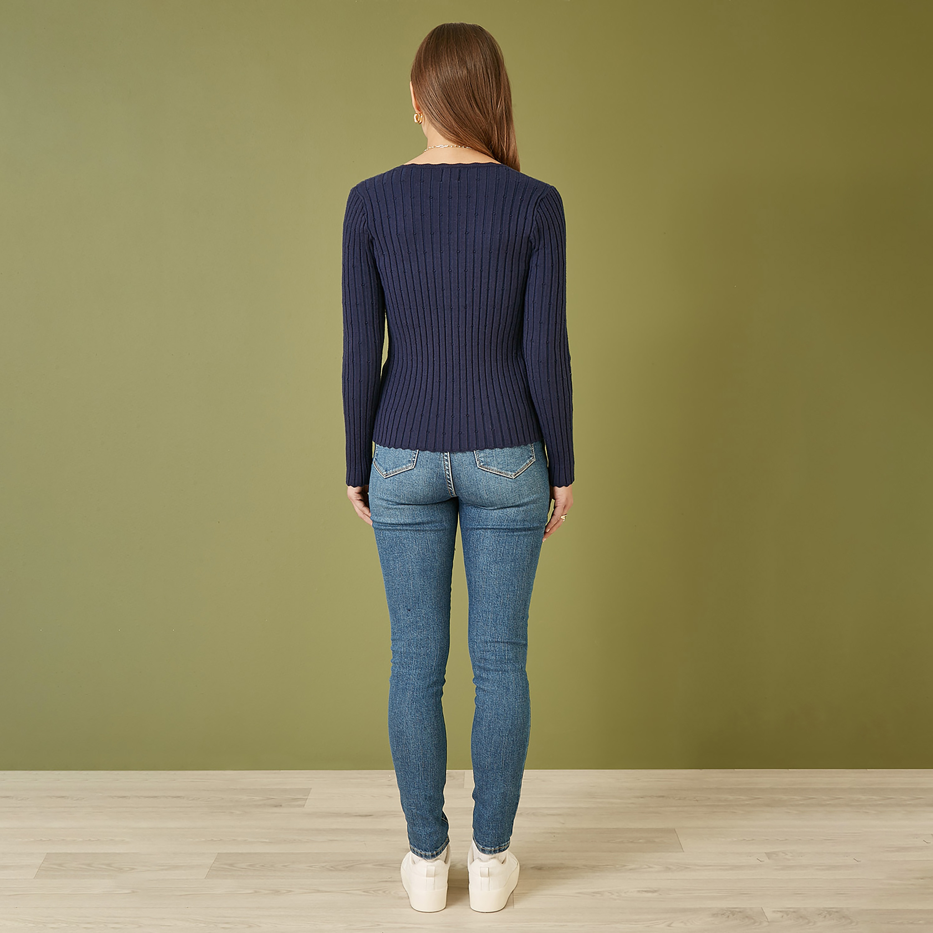 Yumi Navy Fitted Rib Button Up Women's Cardigan-women-clothing-cardigansandjumpers-cardigans-image-3