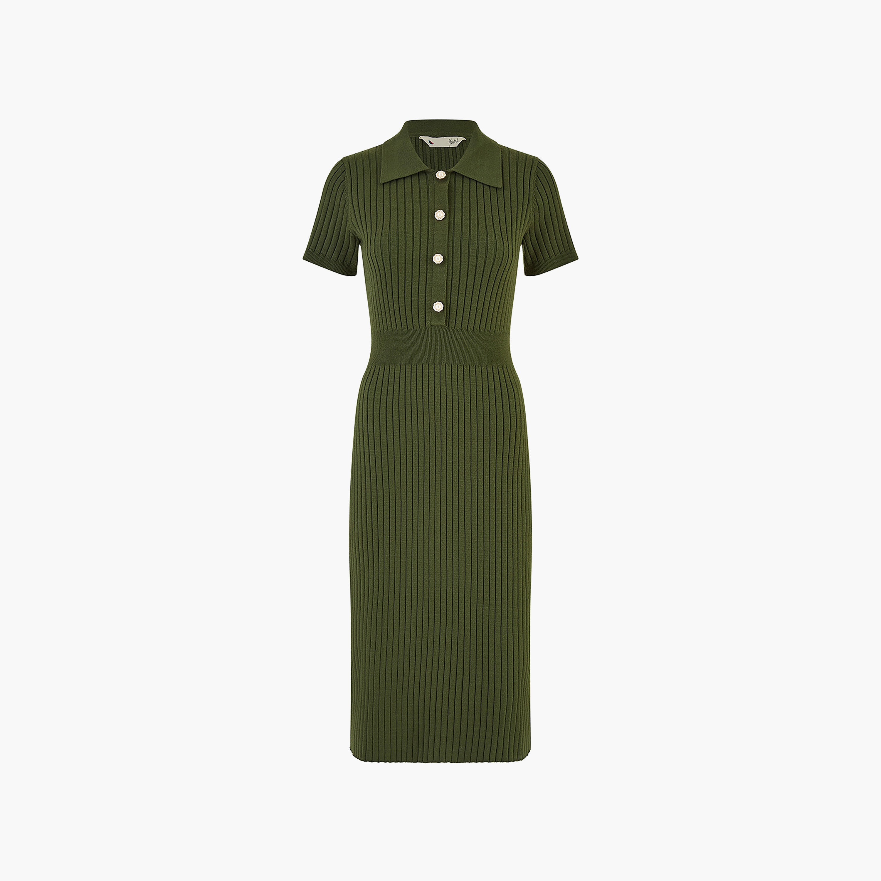 Yumi Green Fitted Rib Knitted Women's Midi Dress with Daisy Buttons-women-clothing-dresses-image-4