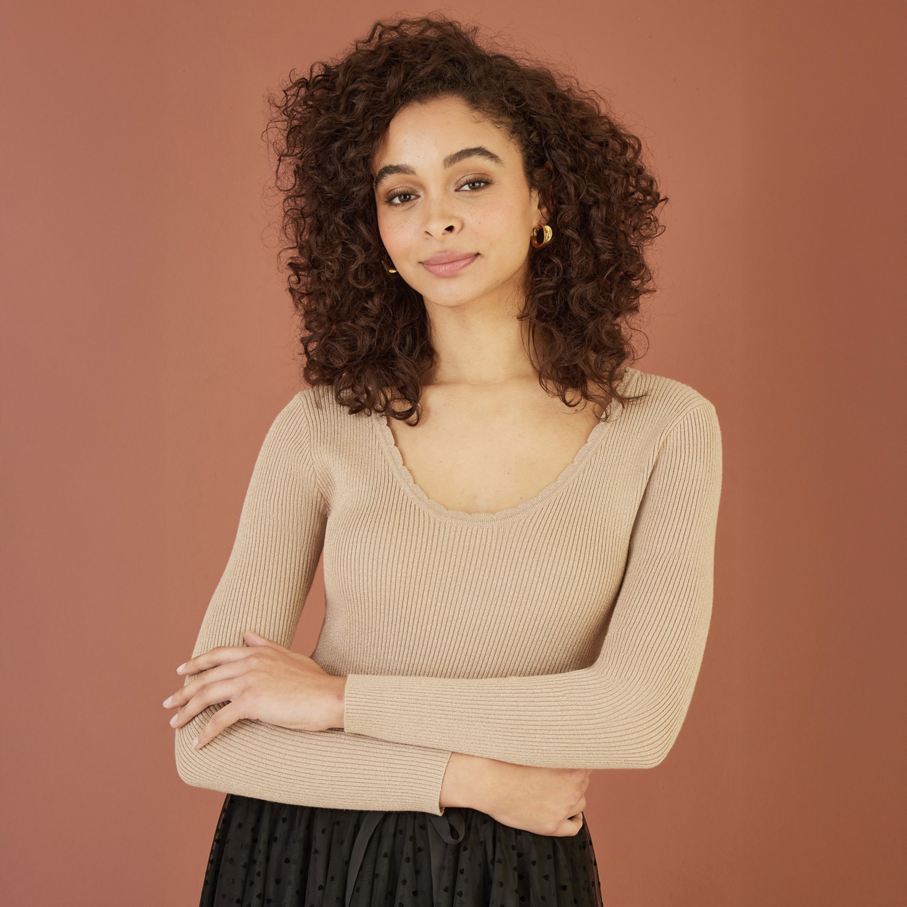 Yumi Gold Knitted Ribbed Women's Top-women-clothing-shirtsandblouses-blouses-image-1