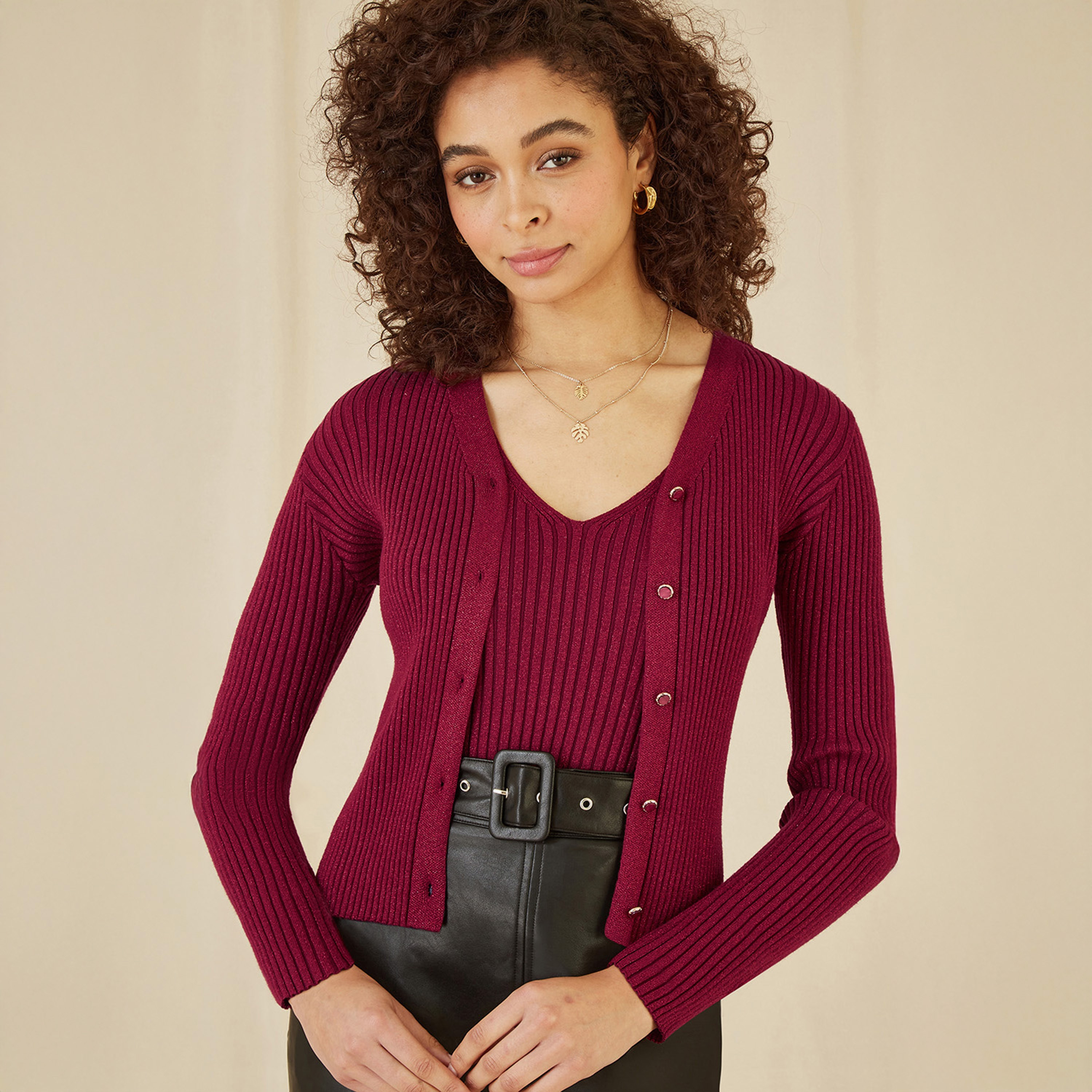 Yumi Burgundy Metallic Rib Knitted Women's Cardigan-women-clothing-cardigansandjumpers-cardigans-image-1