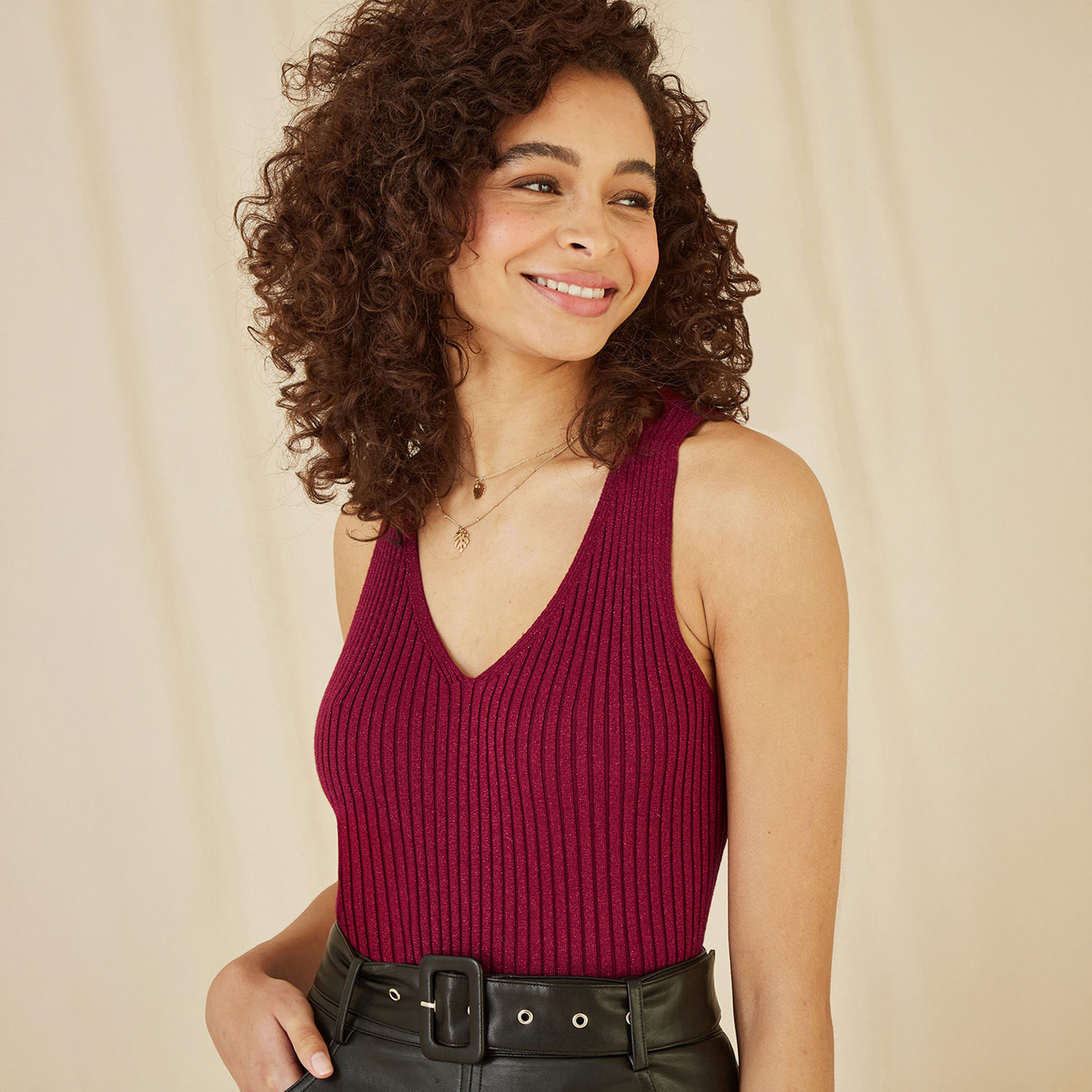 Yumi Burgundy Metallic Rib Knitted Women's Vest Jumper-women-winterwear-cardigansandjumpers-jumpers-image-1