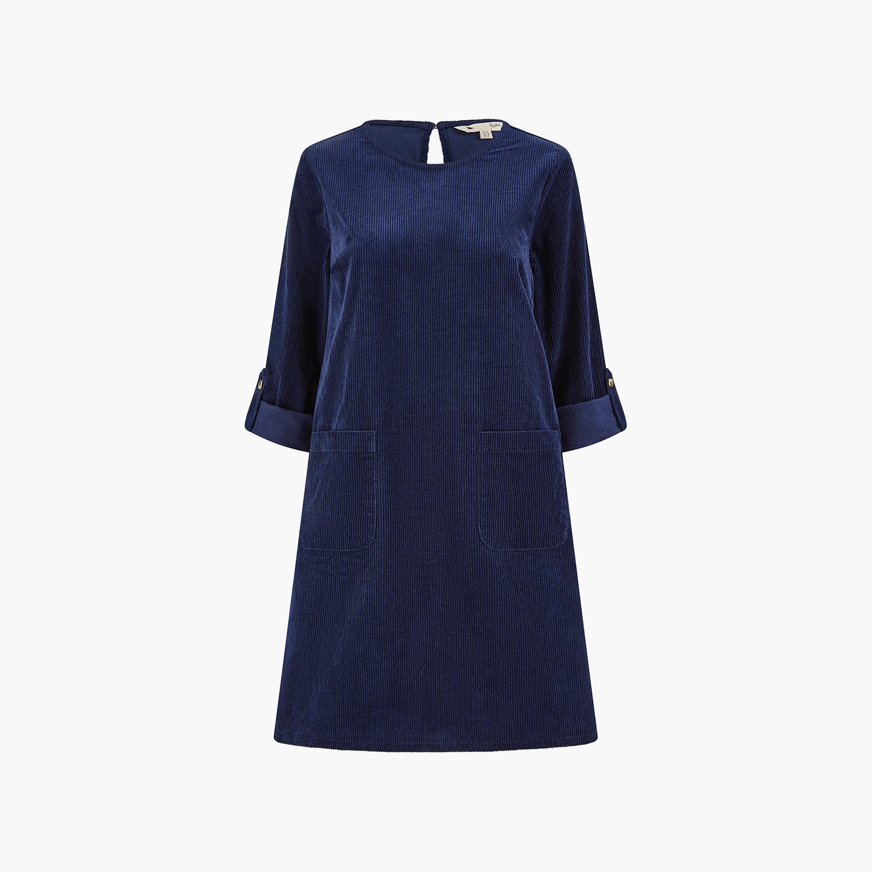 فستان تونيك كورد أزرق داكن نسائي بطول الركبة بأكمام 3/4 وجيوب من يامي-women-clothing-dresses-image-5