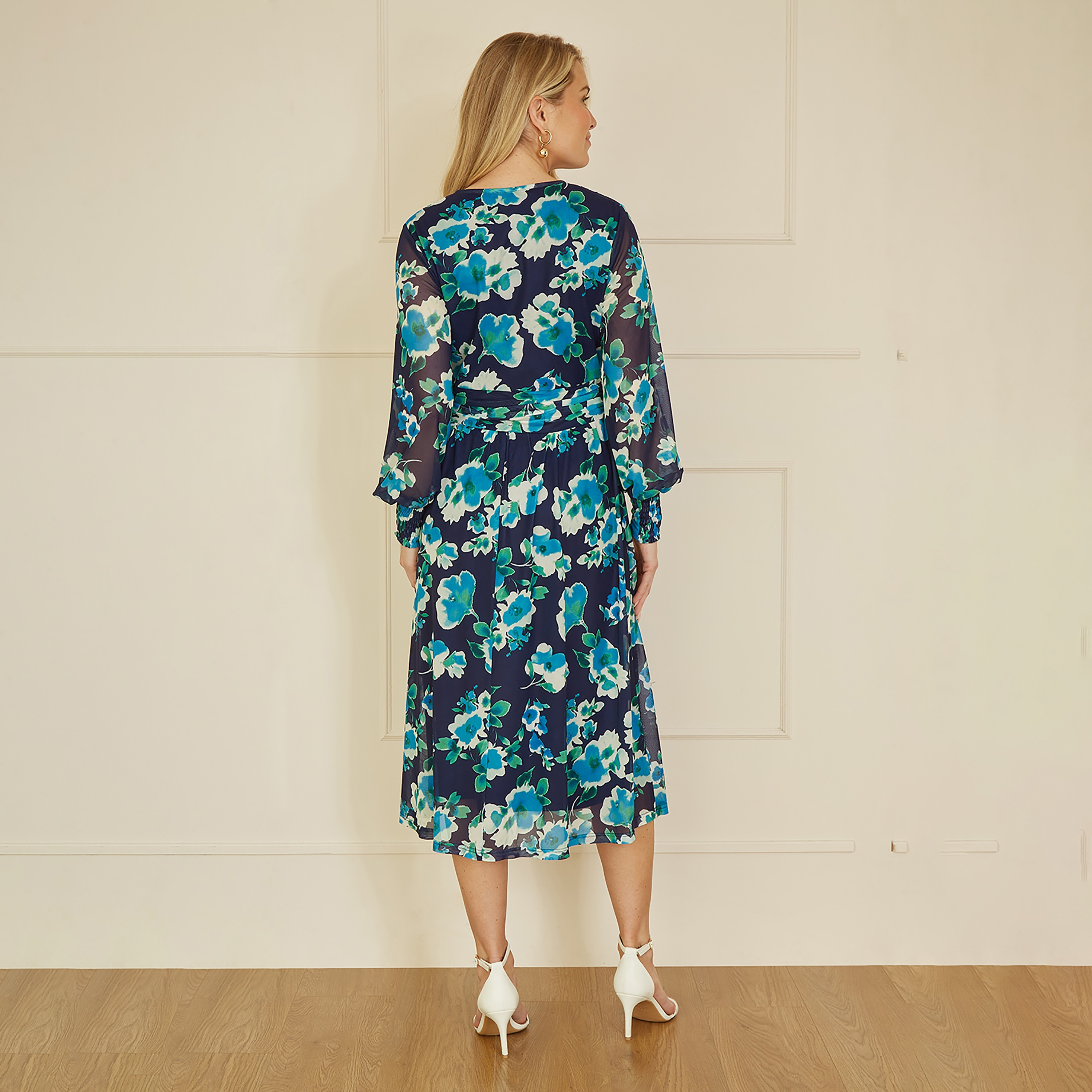 Yumi Blue Floral Mesh Wrap Women's Midi Dress with Long Sleeves-women-clothing-dresses-image-2