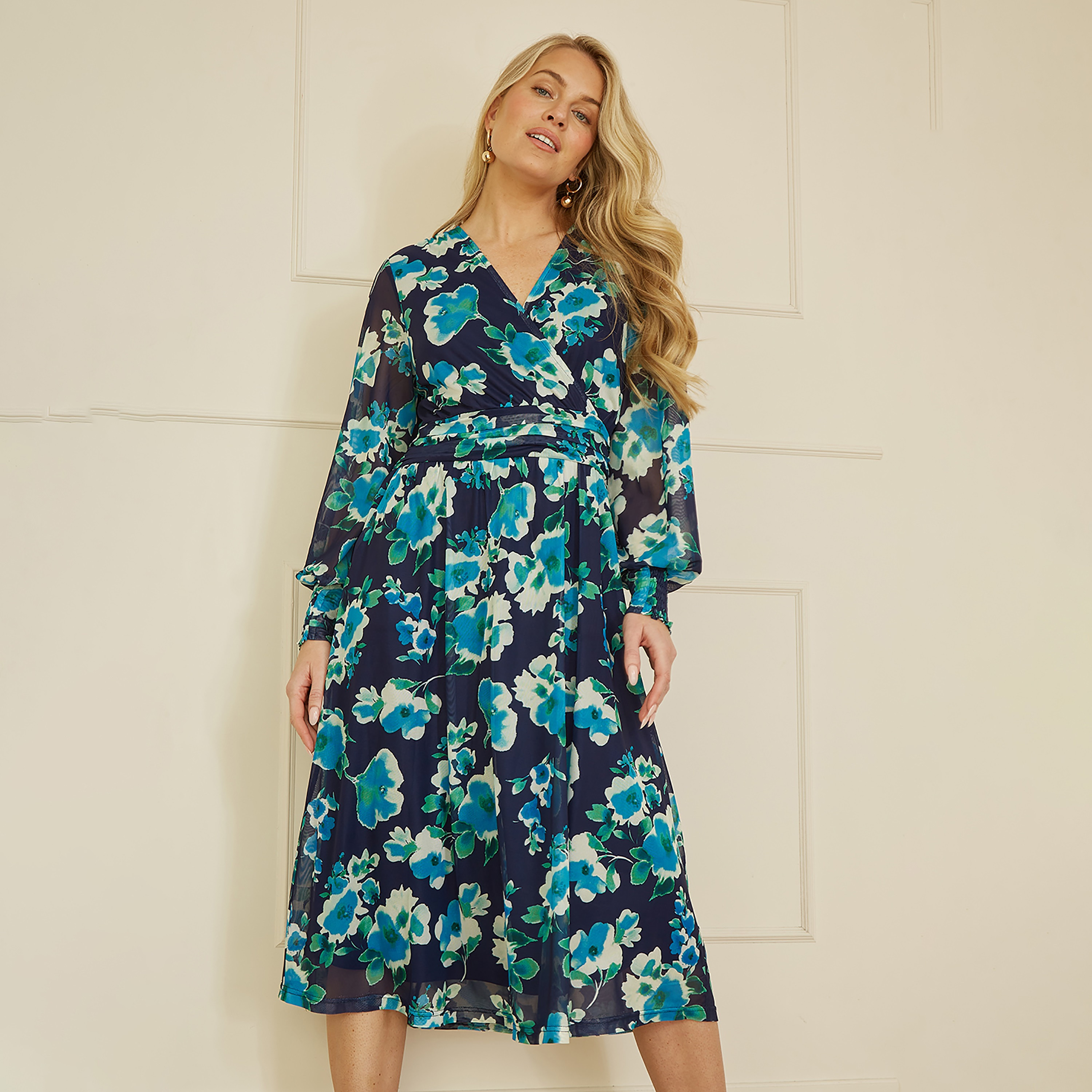 Yumi Blue Floral Mesh Wrap Women's Midi Dress with Long Sleeves-women-clothing-dresses-image-3