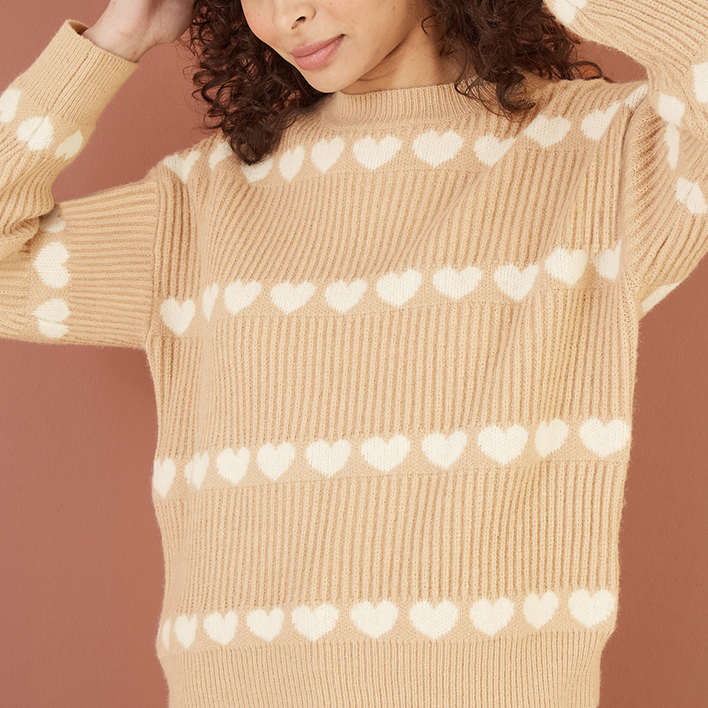 Yumi Knitted Women's Jumper with Heart Stripes-women-winterwear-cardigansandjumpers-jumpers-image-2