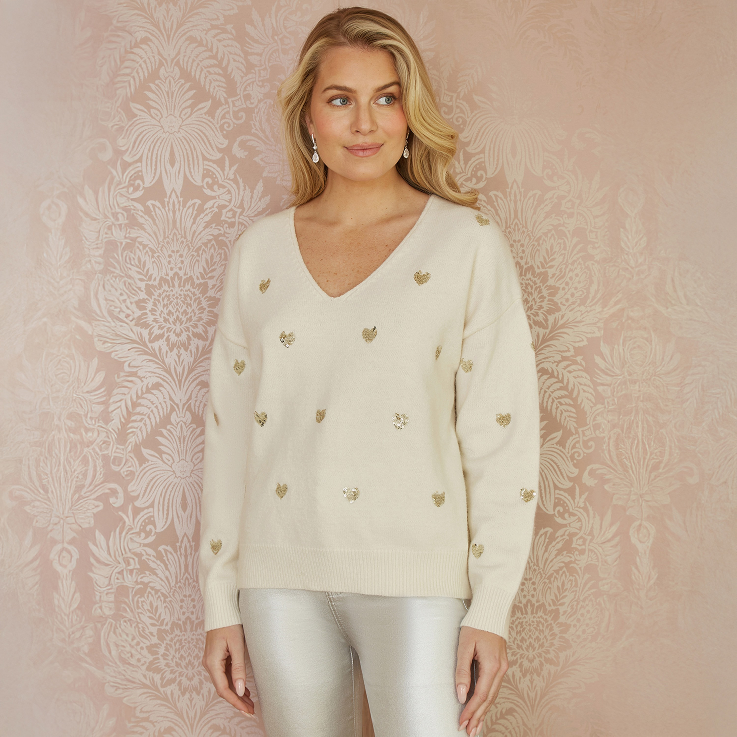 Yumi Cream Sequin Heart V-Neck Women's Jumper-women-winterwear-cardigansandjumpers-jumpers-image-1