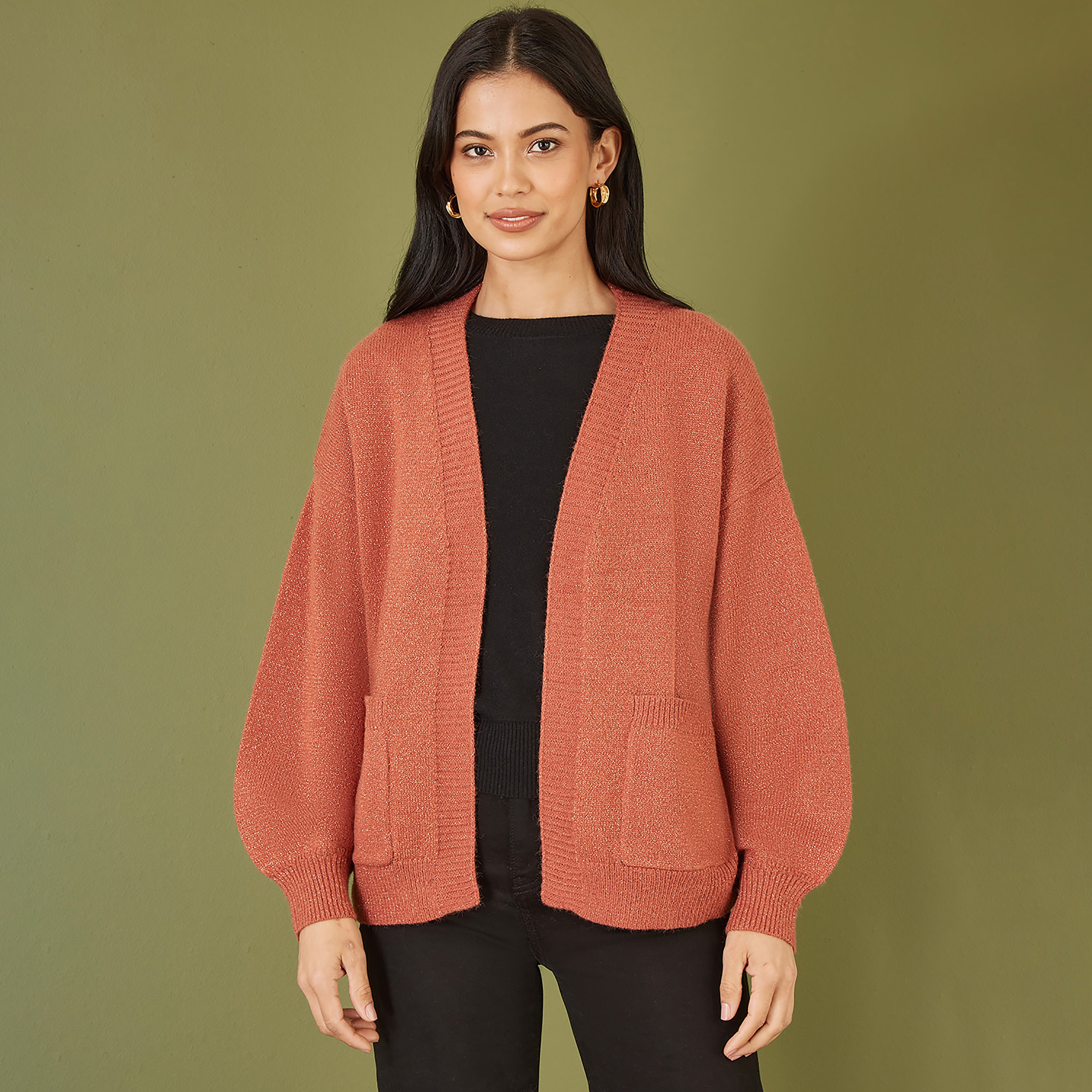 Yumi Rust Metallic Relaxed Slouchy Women's Cardigan with Pockets-women-clothing-cardigansandjumpers-cardigans-image-1