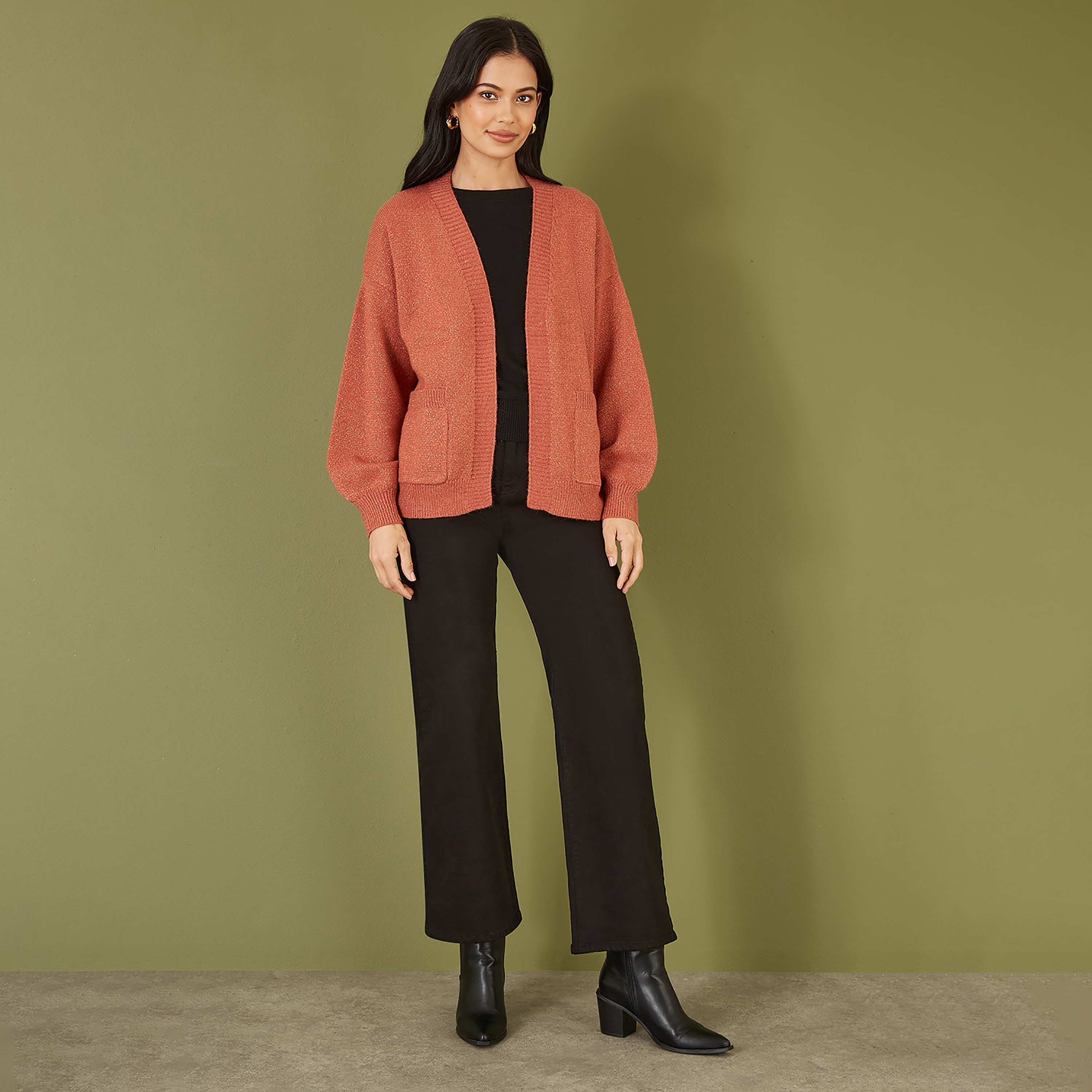 Yumi Rust Metallic Relaxed Slouchy Women's Cardigan with Pockets-women-clothing-cardigansandjumpers-cardigans-image-2