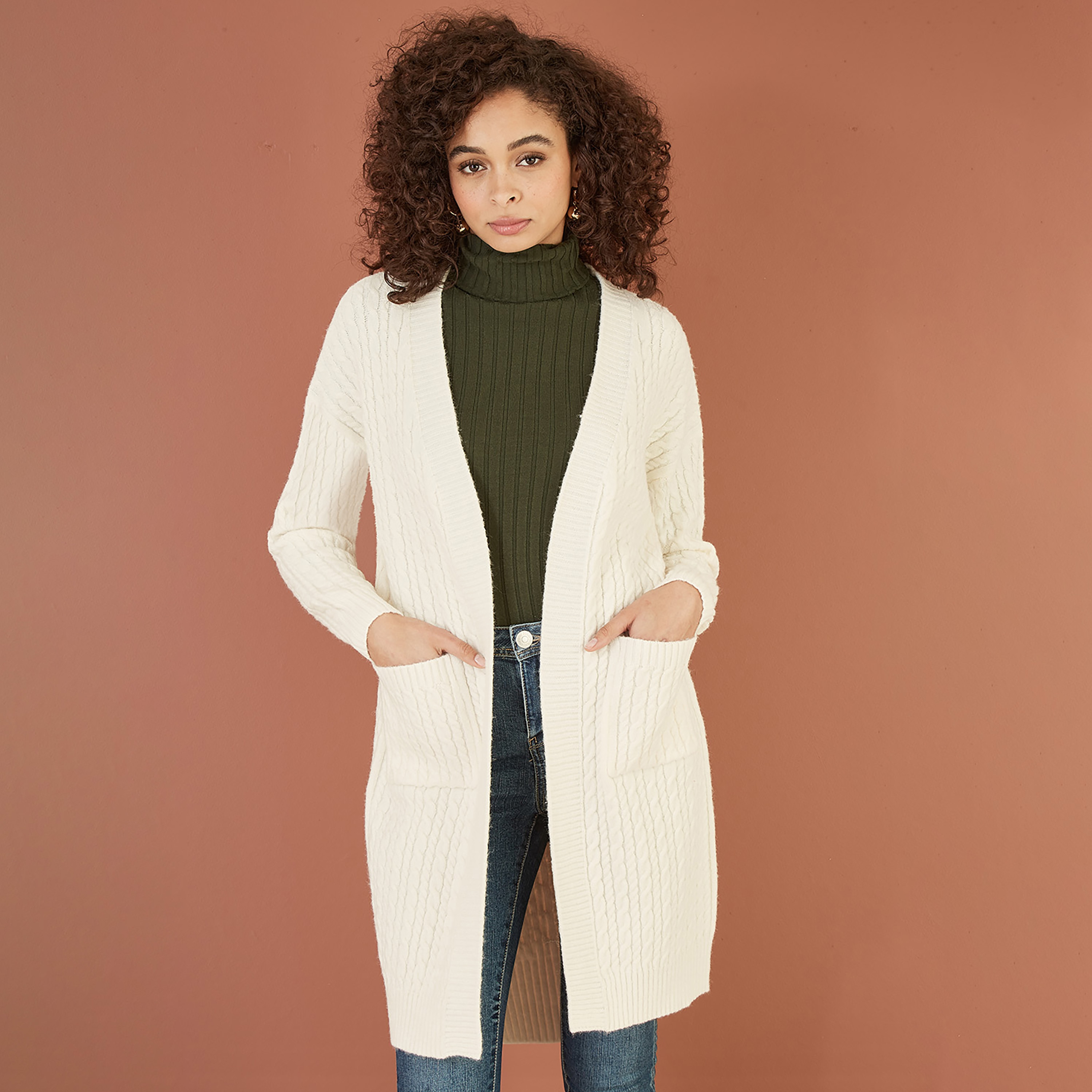 Yumi Ivory Cable Knit Edge To Edge Long Women's Cardigan with Pockets-women-clothing-cardigansandjumpers-cardigans-image-1