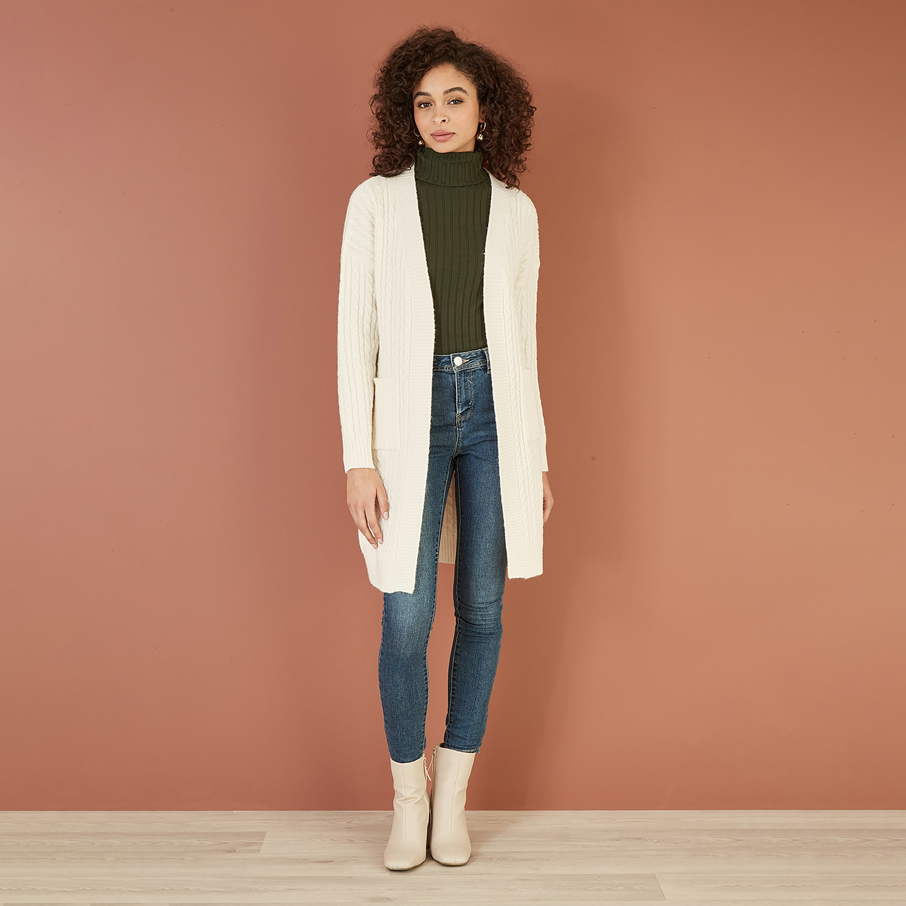 Yumi Ivory Cable Knit Edge To Edge Long Women's Cardigan with Pockets-women-clothing-cardigansandjumpers-cardigans-image-2