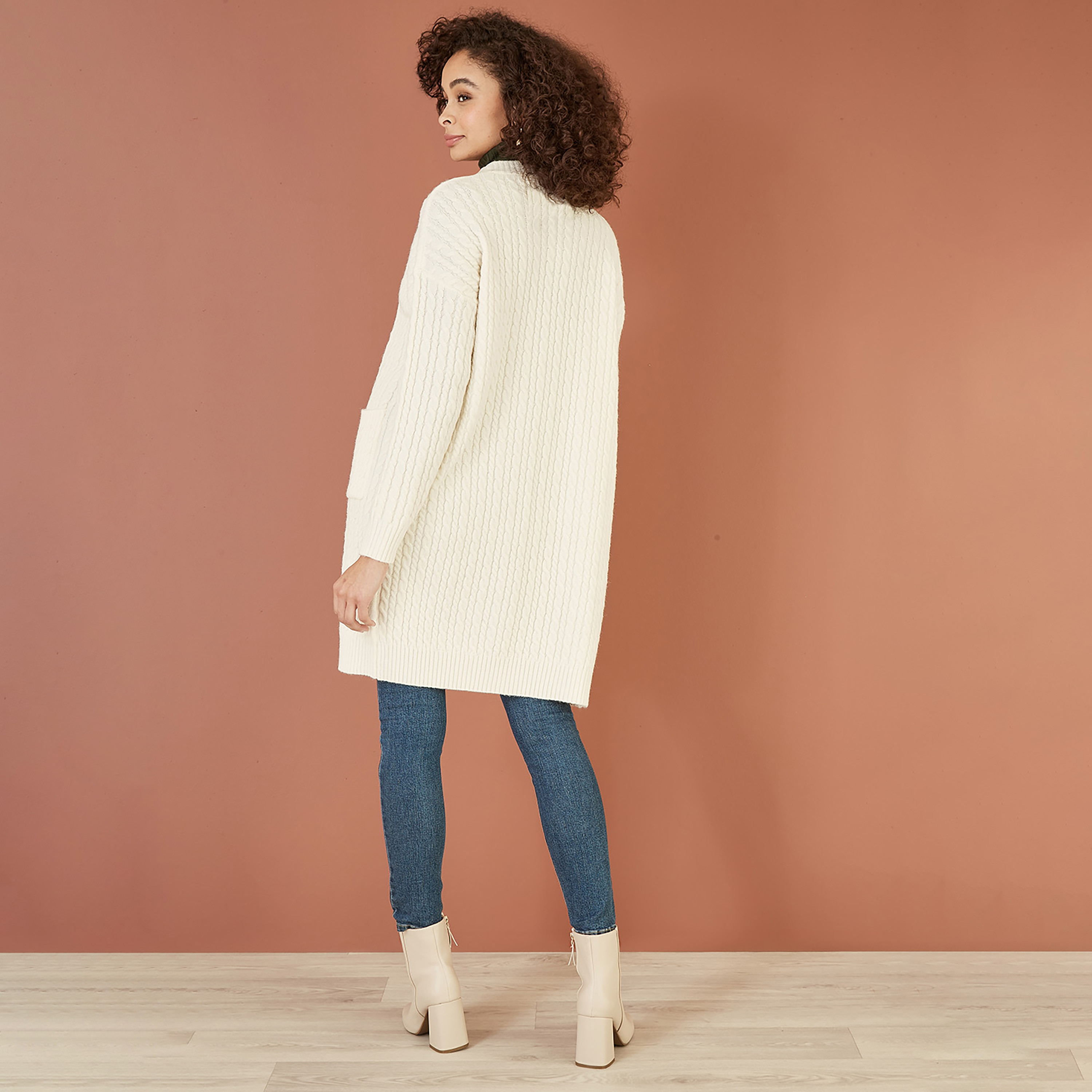Yumi Ivory Cable Knit Edge To Edge Long Women's Cardigan with Pockets-women-clothing-cardigansandjumpers-cardigans-image-3