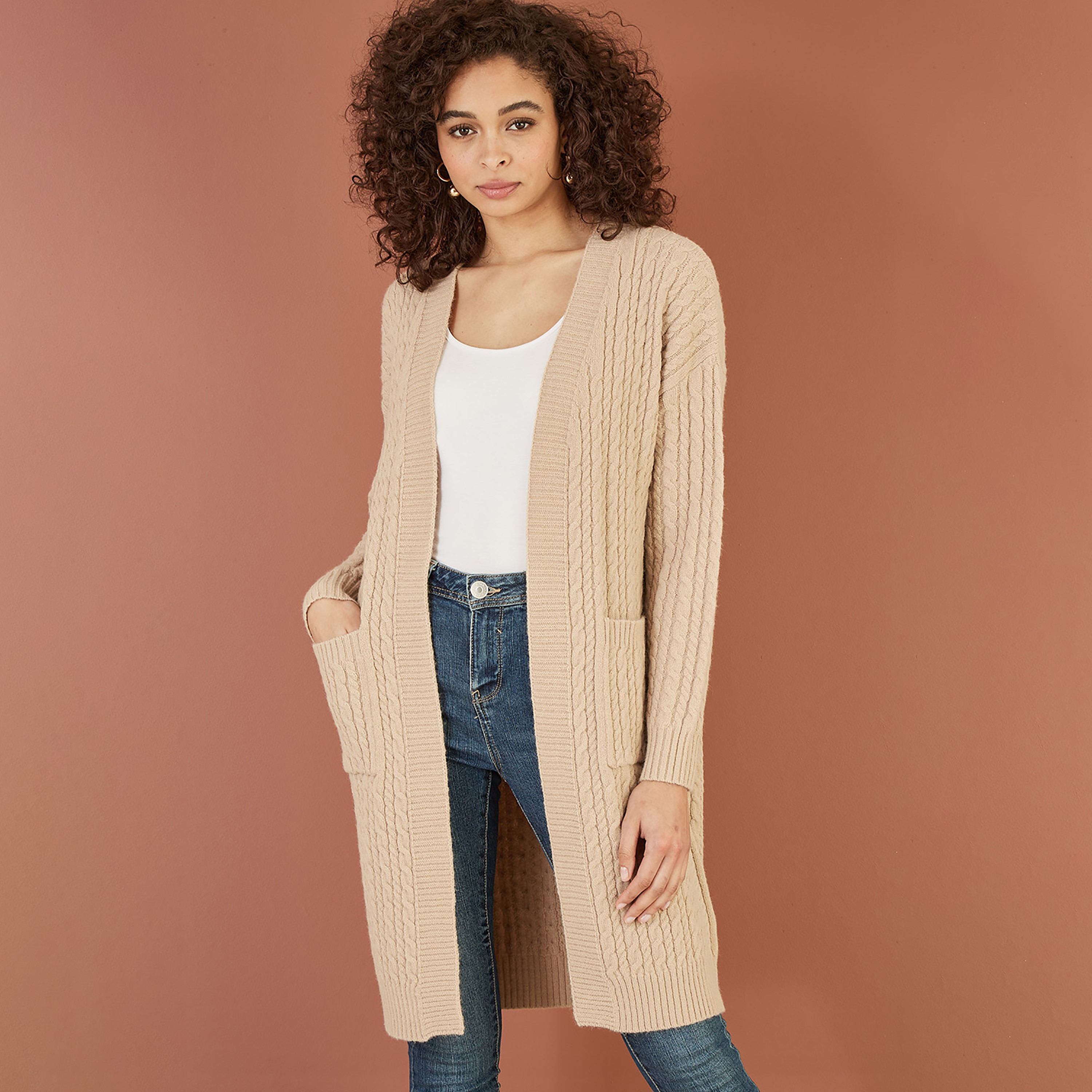 Yumi Oatmeal Cable Knit Edge To Edge Long Women's Cardigan with Pockets-women-clothing-cardigansandjumpers-cardigans-image-1