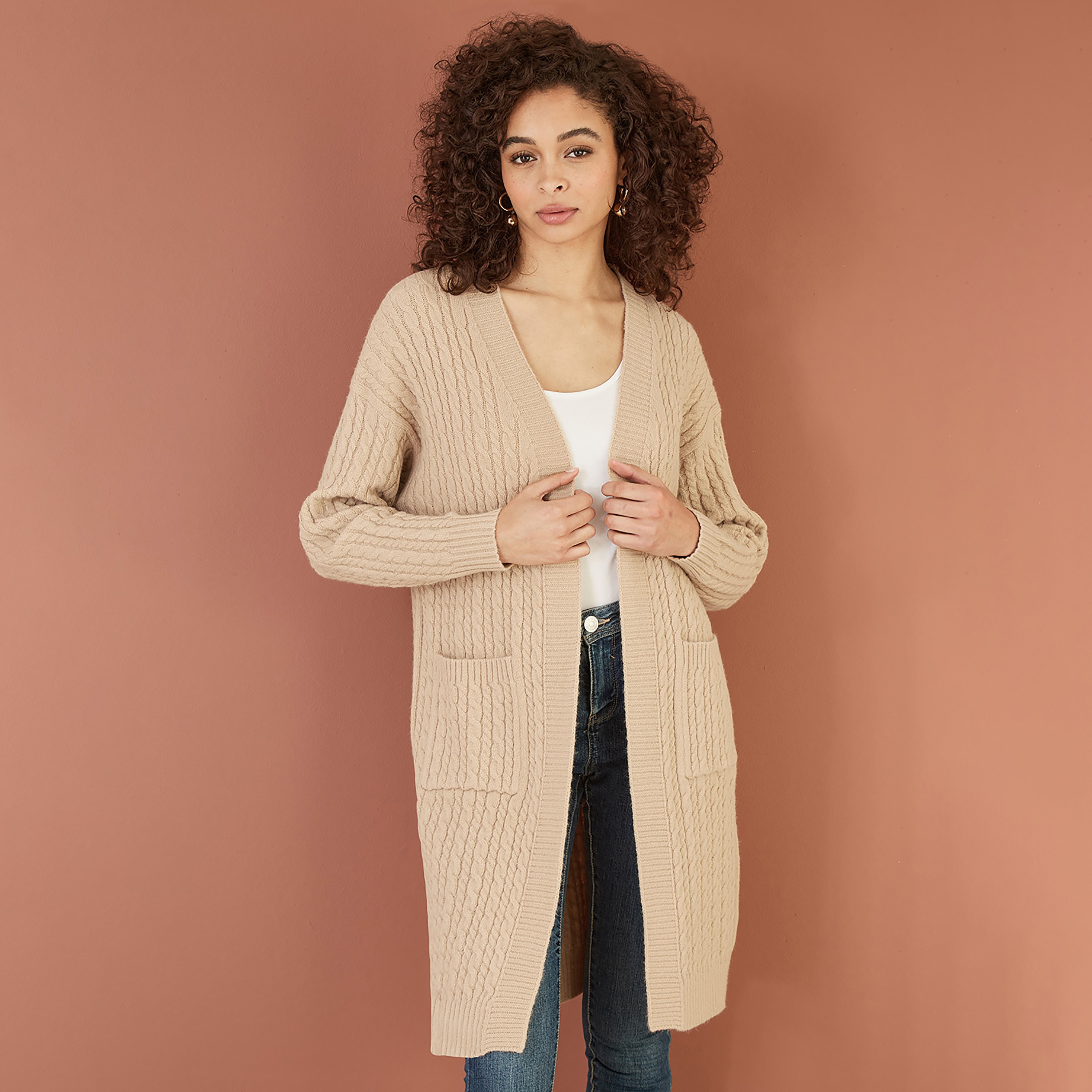 Yumi Oatmeal Cable Knit Edge To Edge Long Women's Cardigan with Pockets-women-clothing-cardigansandjumpers-cardigans-image-2