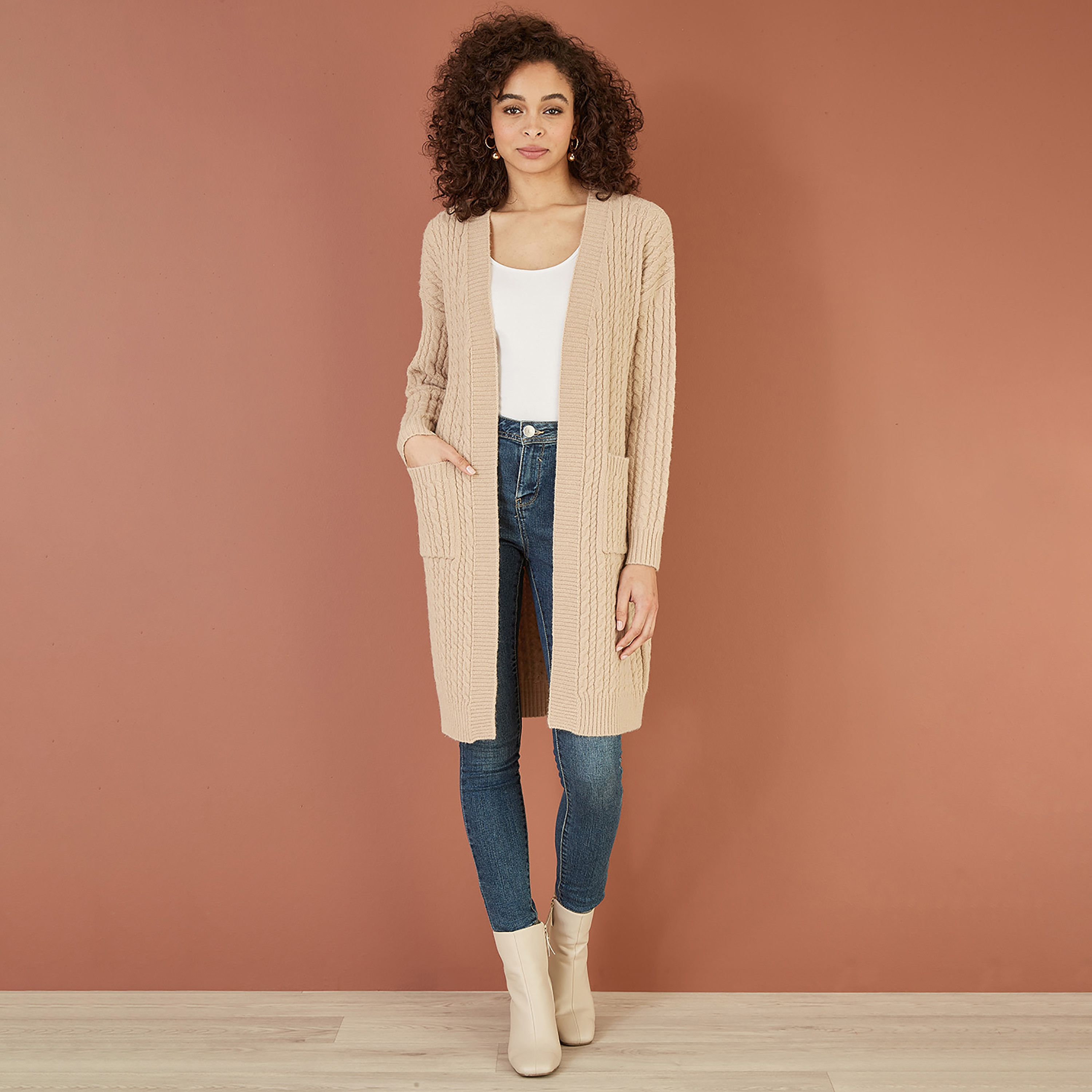 Yumi Oatmeal Cable Knit Edge To Edge Long Women's Cardigan with Pockets-women-clothing-cardigansandjumpers-cardigans-image-3