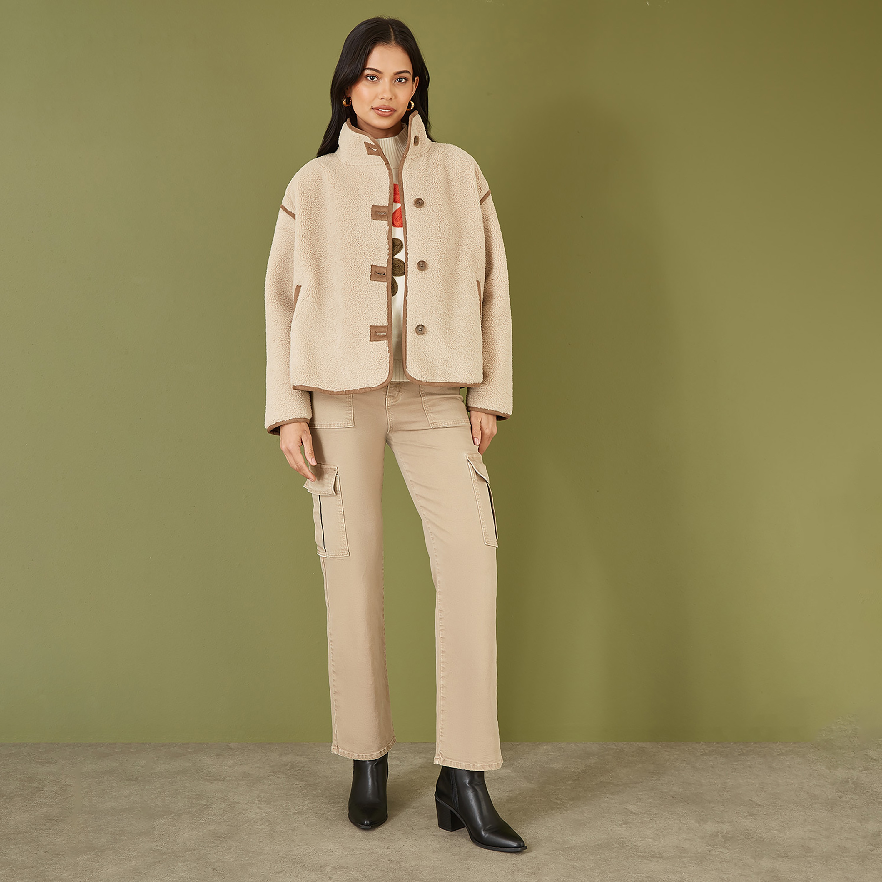 Yumi Cream Borg High Neck Women's Jacket with Faux Leather Trims-women-winterwear-coatsandjackets-jackets-image-3
